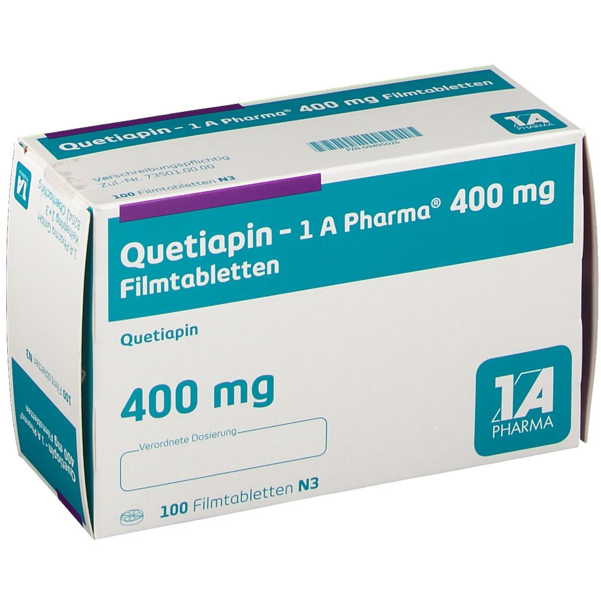 Schachtel mit "Quetiapin - 1 A Pharma 400 mg Filmtabletten". Blaue und weiße Verpackung. 100 Filmtabletten N3.