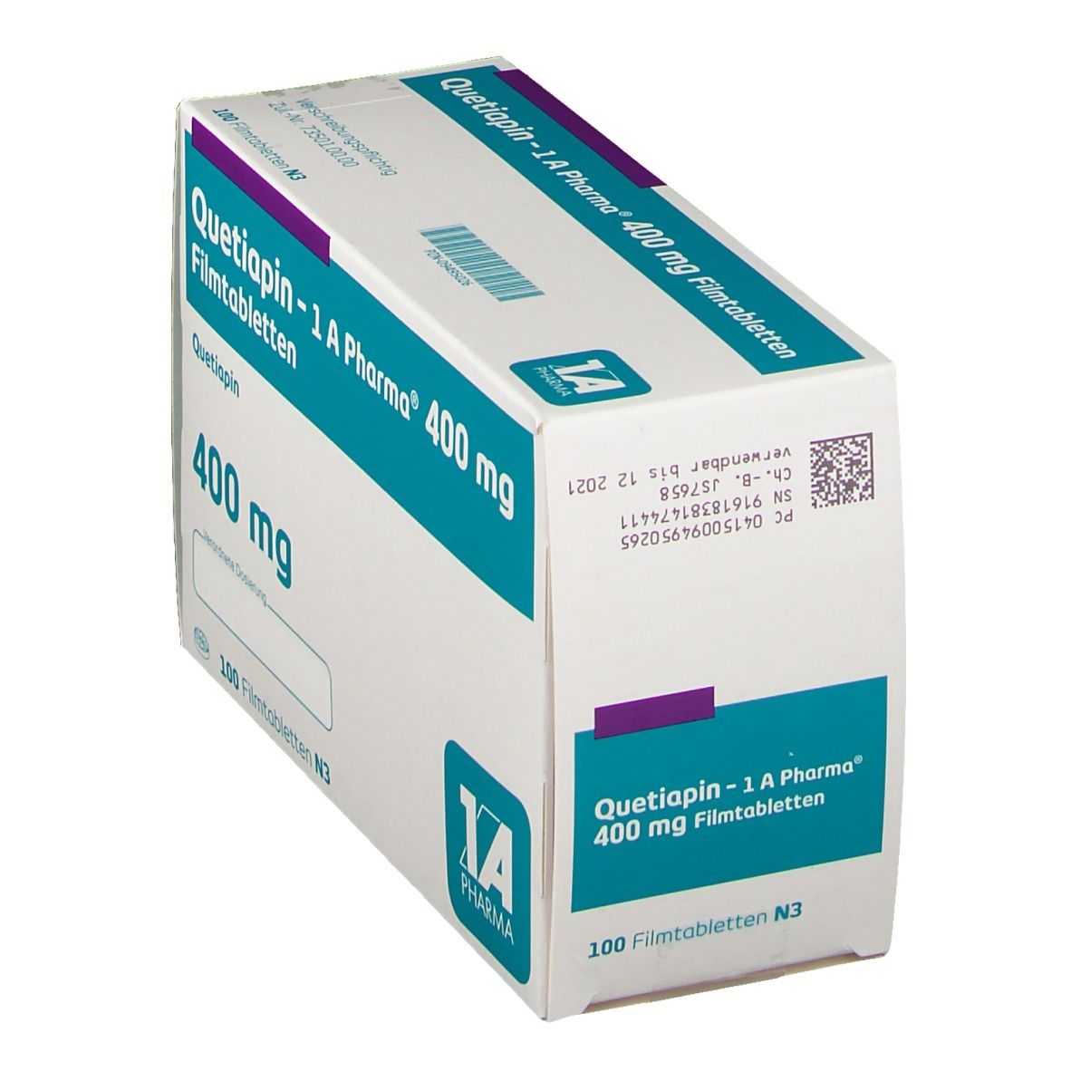 Schachtel "Quetiapin - 1 A Pharma 400 mg Filmtabletten". Blaue und weiße Verpackung. 100 Filmtabletten N3. Ansicht schräg.