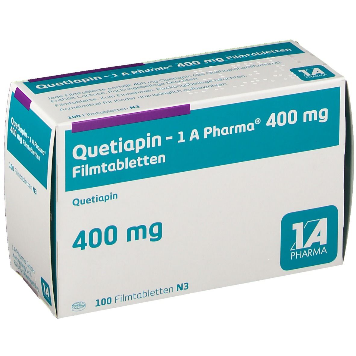 Schachtel mit "Quetiapin - 1 A Pharma 400 mg Filmtabletten". Blaue und weiße Verpackung. 100 Filmtabletten N3.