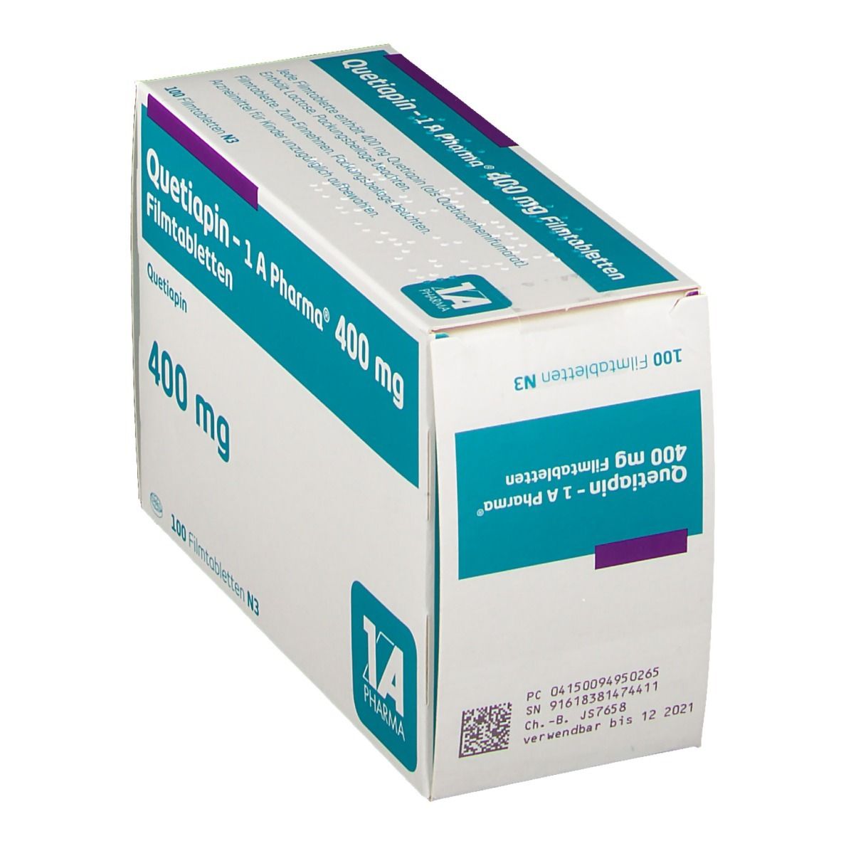 Schachtel "Quetiapin - 1 A Pharma 400 mg Filmtabletten". Blaue und weiße Verpackung. 100 Filmtabletten N3. Ansicht schräg.