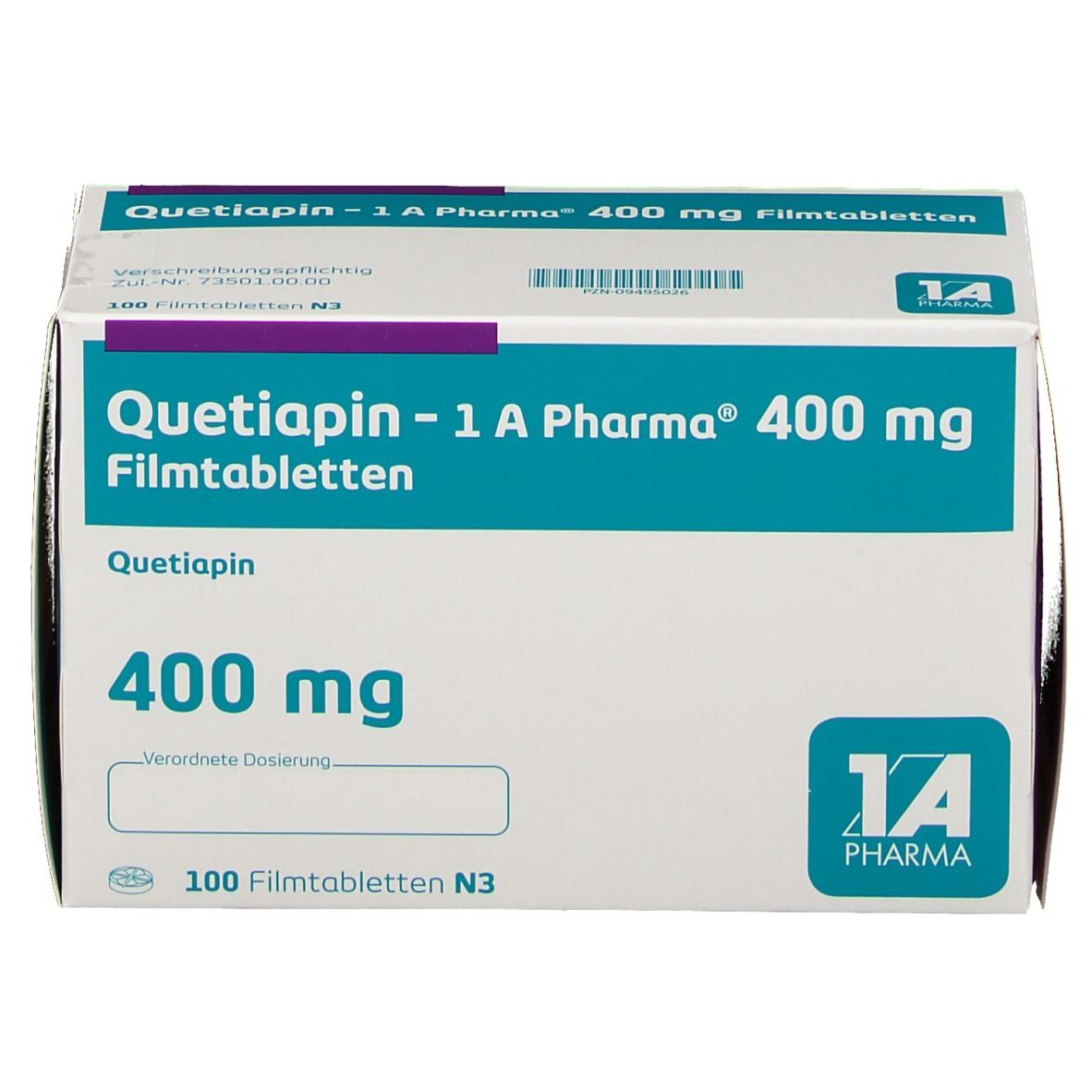 Schachtel mit "Quetiapin - 1 A Pharma 400 mg Filmtabletten". Blaue und weiße Verpackung. 100 Filmtabletten N3.