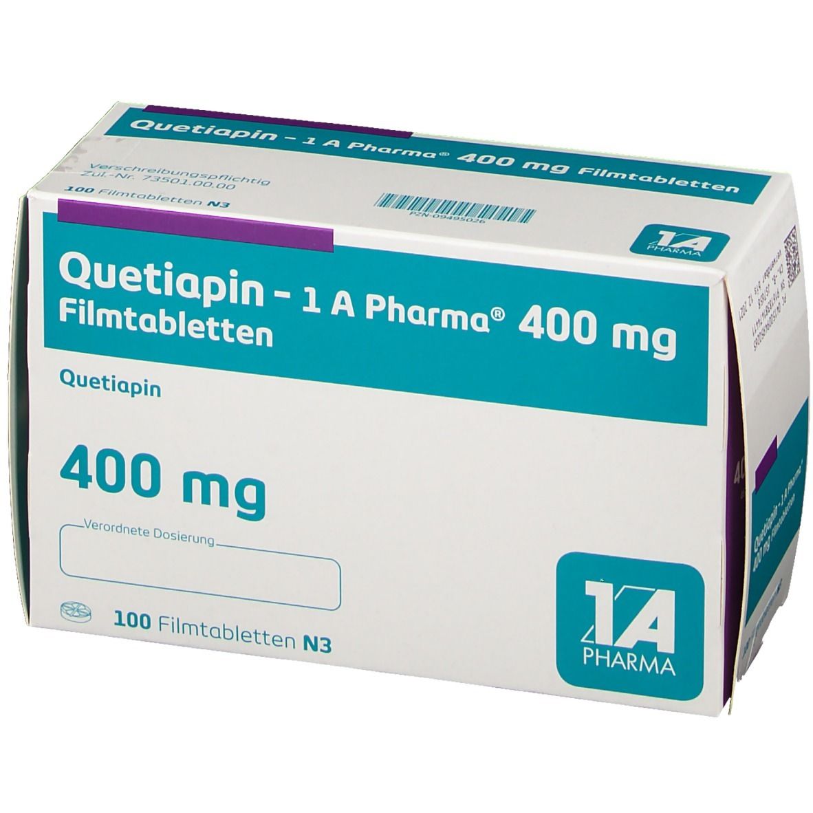 Schachtel mit "Quetiapin - 1 A Pharma 400 mg Filmtabletten". Blaue und weiße Verpackung. 100 Filmtabletten N3.