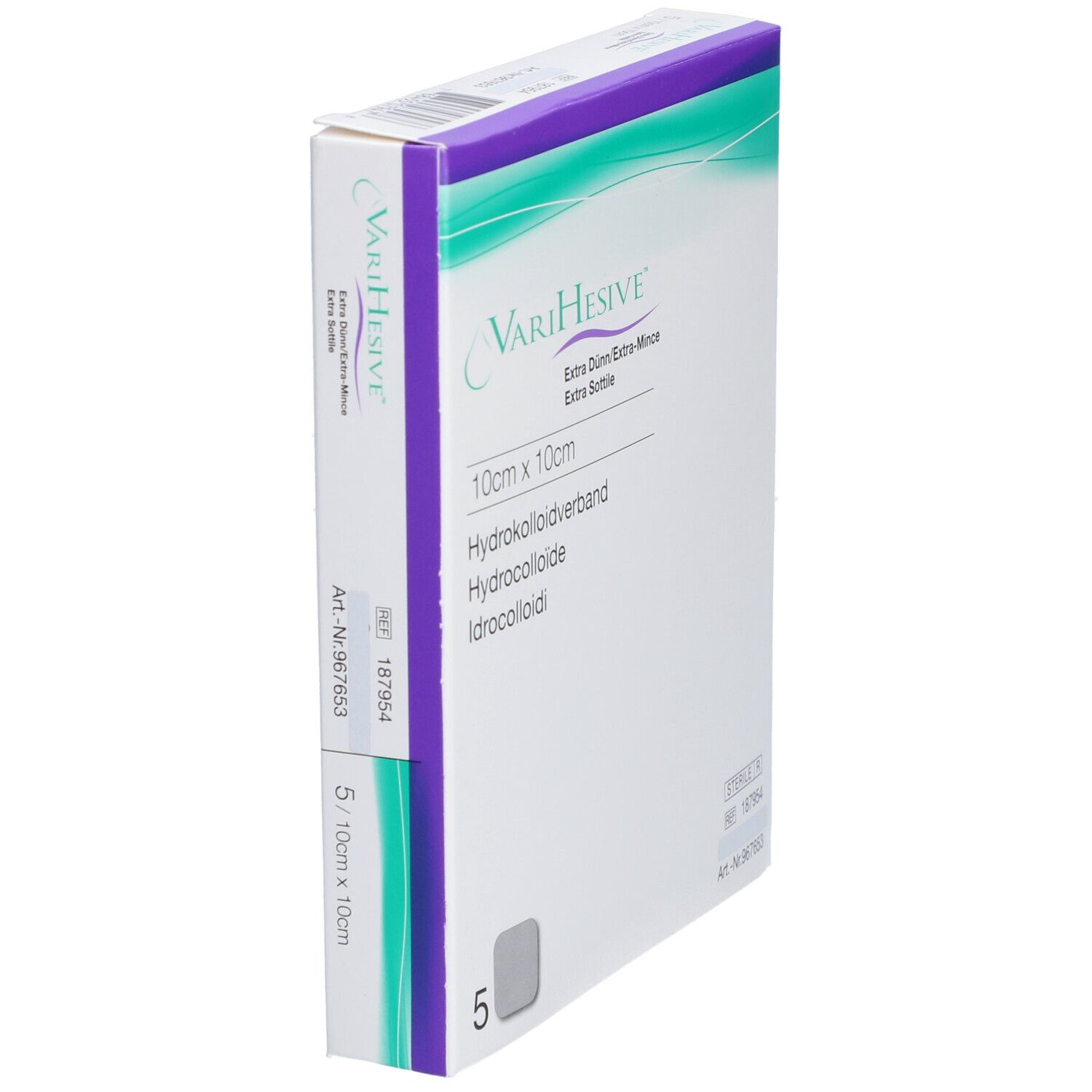 Verpackung VARIHESIVE® Extra dünn, 10 x 10 cm. Hydrokolloidverband. 5 Stück. Lila und weiß. Seitliche Ansicht.