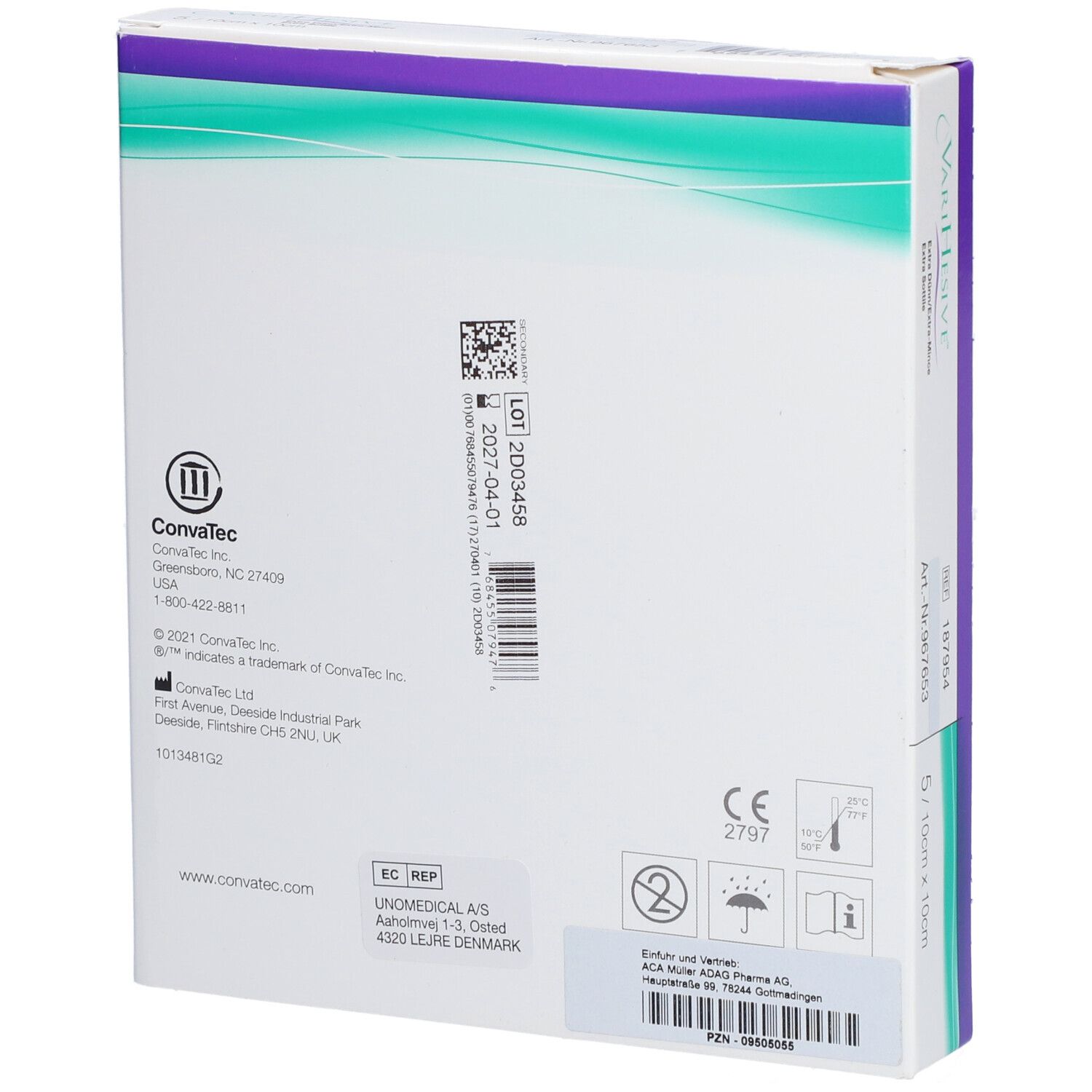 Rückseite der Verpackung VARIHESIVE® Extra dünn. Herstellerinformationen, Chargennummer, Verfallsdatum, CE-Kennzeichnung.