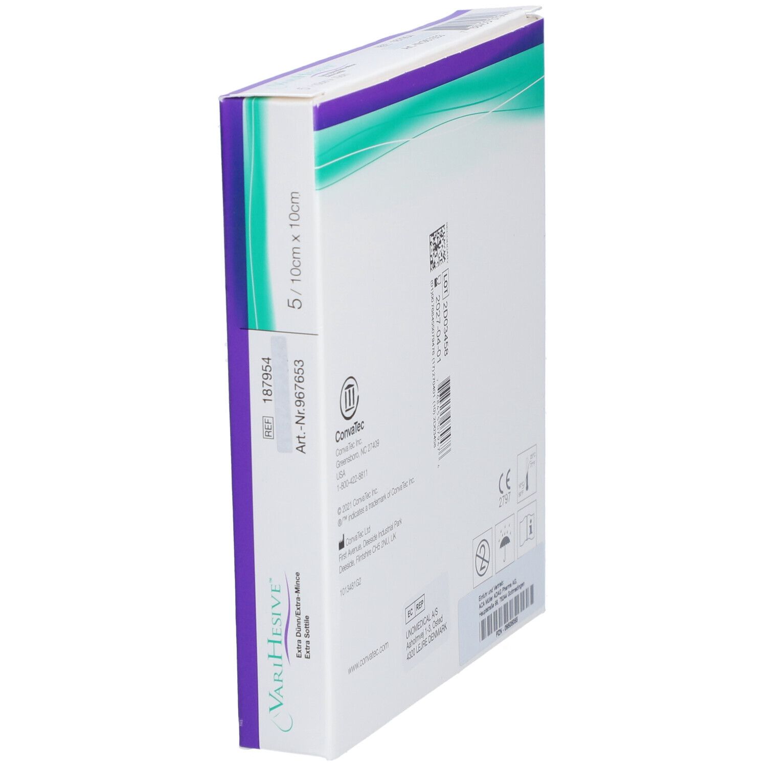 Verpackung VARIHESIVE® Extra dünn, 10 x 10 cm. Hydrokolloidverband. 5 Stück. Lila und weiß. Seitliche Ansicht.