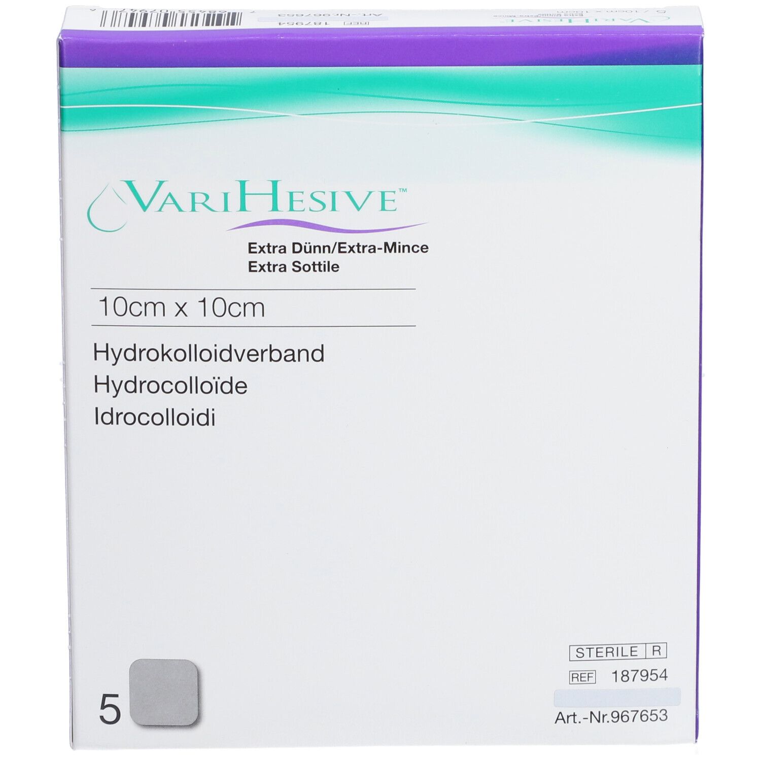 Vorderseite der Verpackung VARIHESIVE® Extra dünn, 10 x 10 cm. Hydrokolloidverband. 5 Stück. Steril.