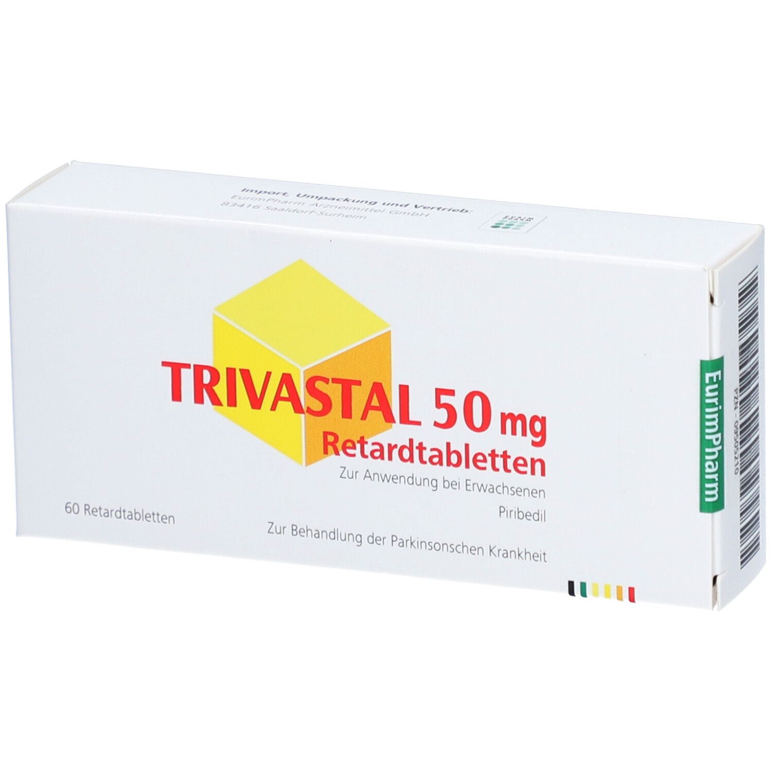 Schachtel TRIVASTAL 50 mg Retardtabletten. Aufschrift: 60 Retardtabletten. Gelbes Logo. Text zur Behandlung der Parkinsonschen Krankheit.