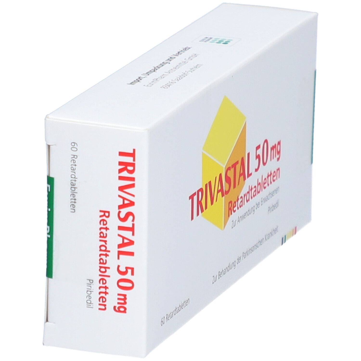 Schachtel TRIVASTAL 50 mg Retardtabletten, schräg. Aufschrift: 60 Retardtabletten. Gelbes Logo. Text zur Behandlung der Parkinsonschen Krankheit.