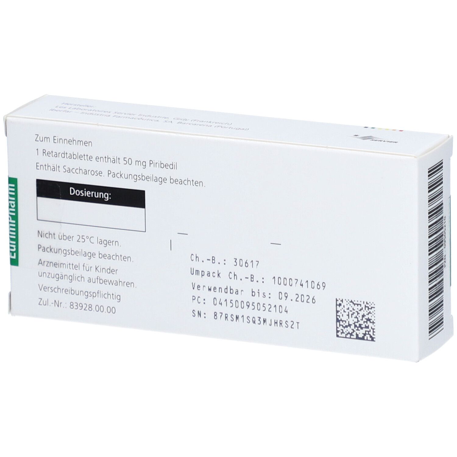 Rückseite der Schachtel TRIVASTAL 50 mg Retardtabletten. Text: Zum Einnehmen, Dosierung, Chargennummer, Verfallsdatum, Hersteller.