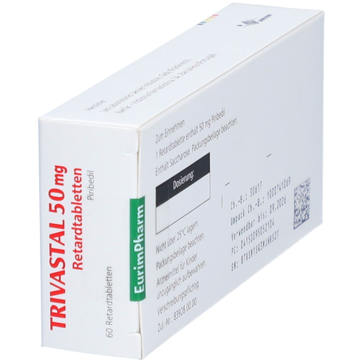 Schachtel TRIVASTAL 50 mg Retardtabletten, schräg. Rückseite sichtbar. Text: Zum Einnehmen, Dosierung, Chargennummer, Verfallsdatum, Hersteller.