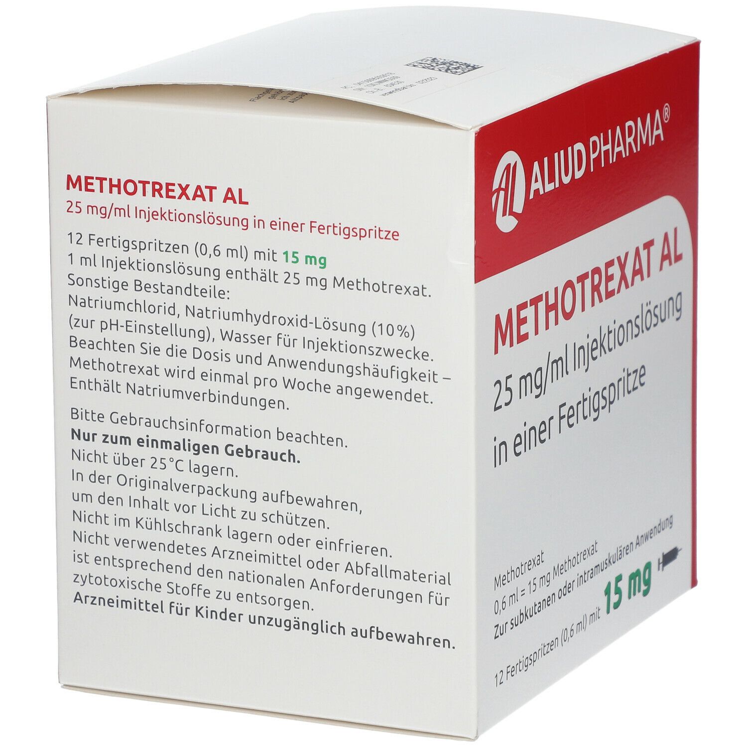 Schachtel mit Methotrexat AL 25 mg/ml. Enthält 12 Fertigspritzen. Text über Inhaltsstoffe und Anwendungshinweise.