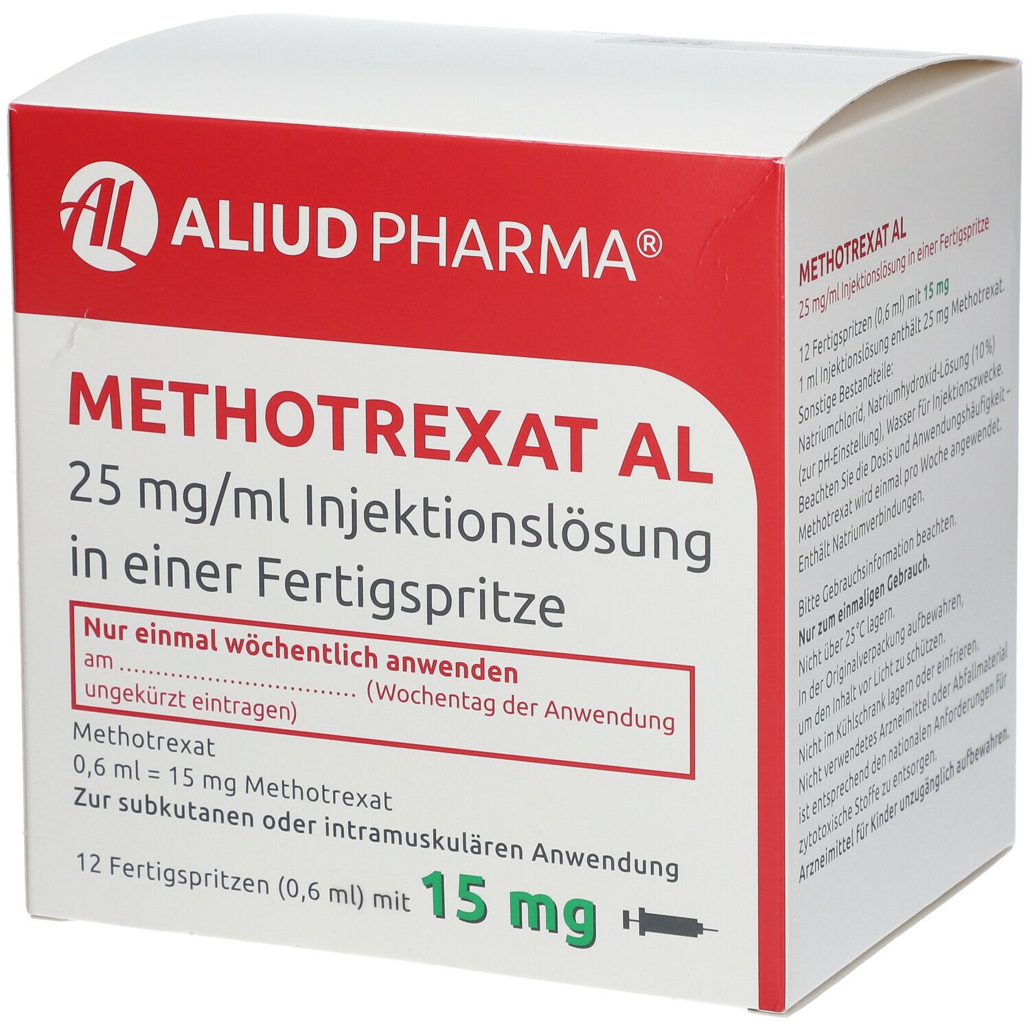 Schachtel mit Methotrexat AL 25 mg/ml. Enthält 12 Fertigspritzen. Textfeld für wöchentliche Anwendung.