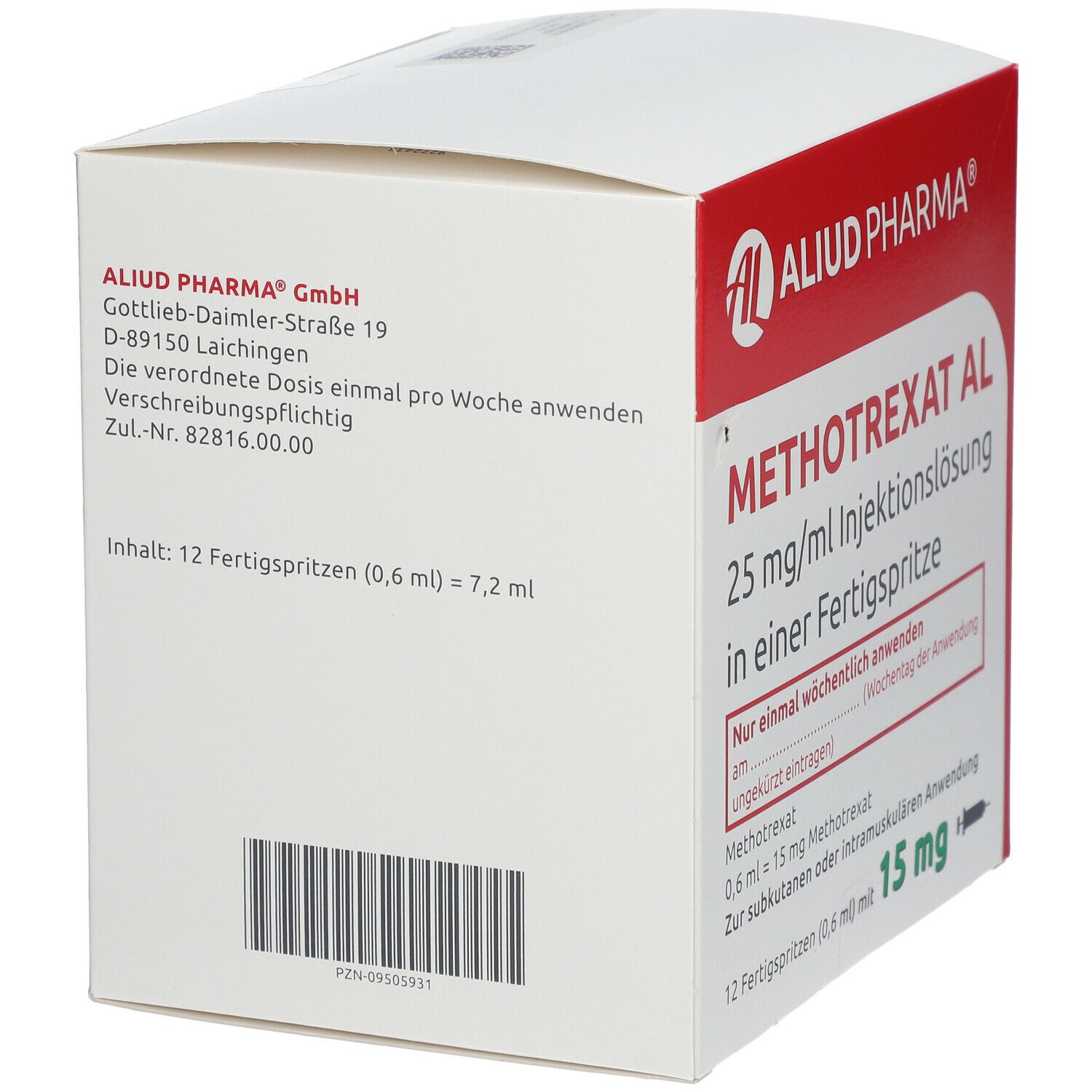Schachtel mit Methotrexat AL 25 mg/ml. AL-Logo und Firmenadresse. Enthält 12 Fertigspritzen.