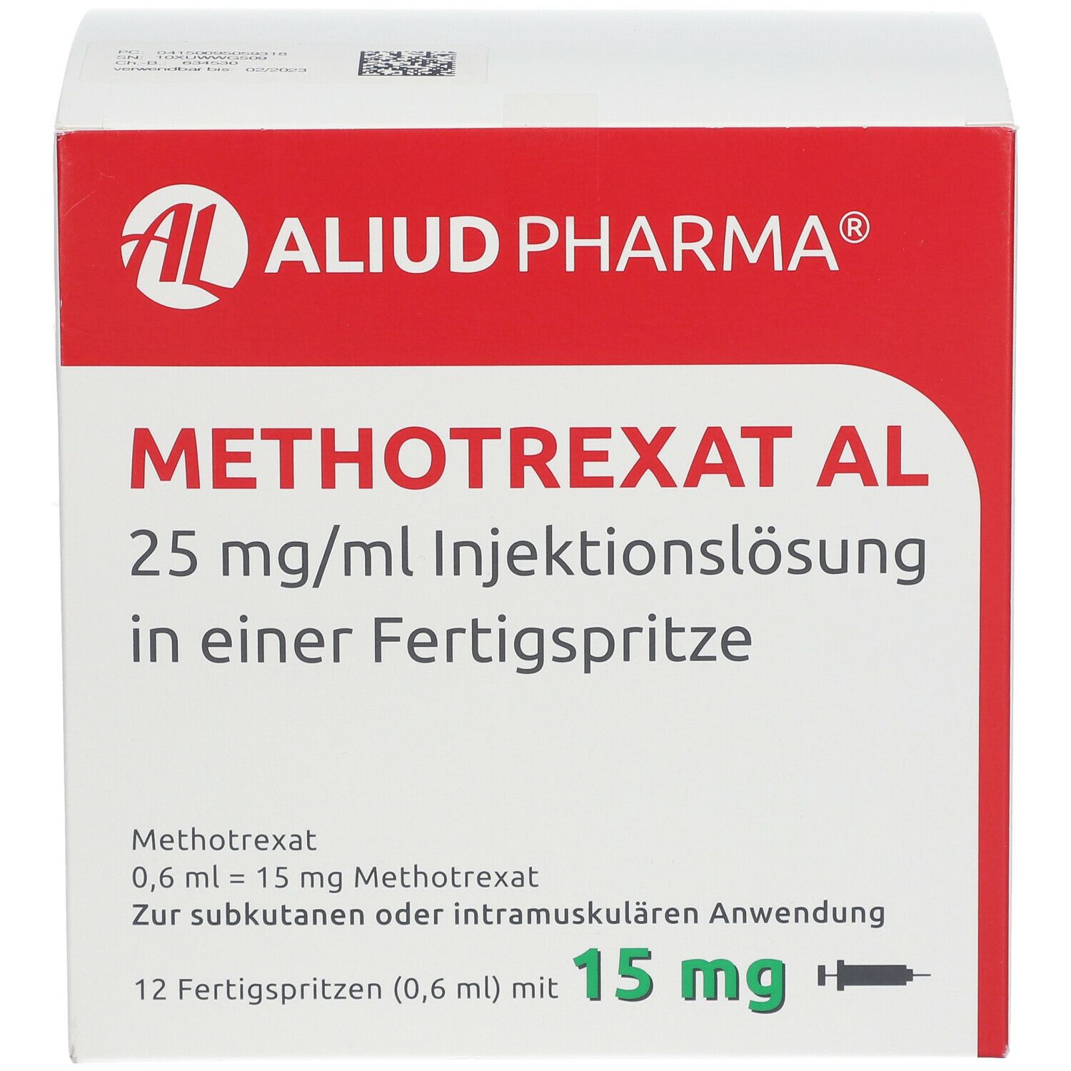 Schachtel mit Methotrexat AL 25 mg/ml. Produktname, Dosierung und Anwendungsdetails sind deutlich sichtbar.