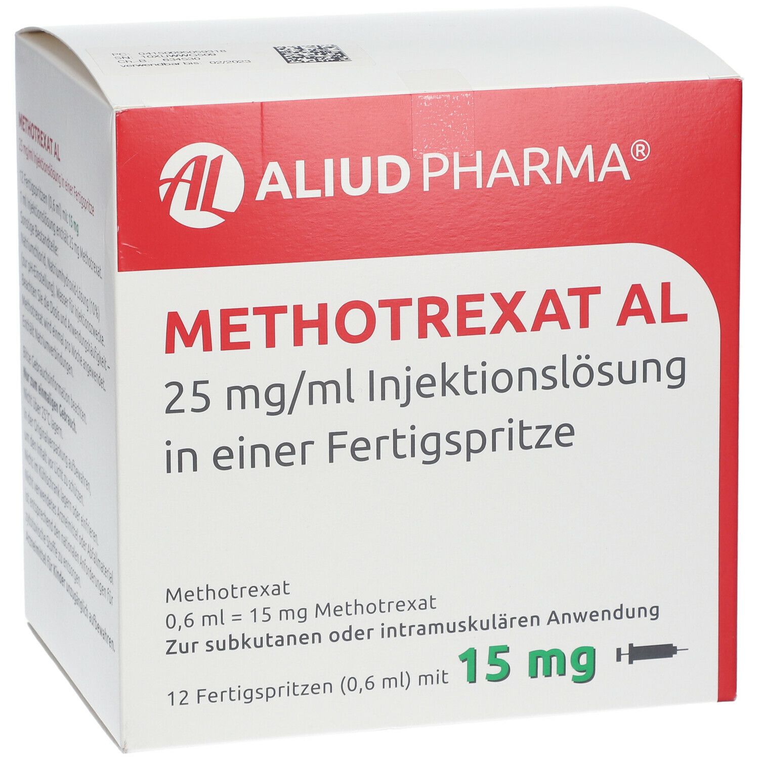 Schachtel mit Methotrexat AL 25 mg/ml. Produktname, Dosierung und Anwendungsdetails sind sichtbar.