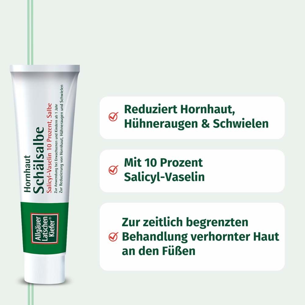 Produkt-Tube mit Text und Icons. Text: Reduziert Hornhaut, Hühneraugen & Schwielen. Mit 10 Prozent Salicyl-Vaselin.