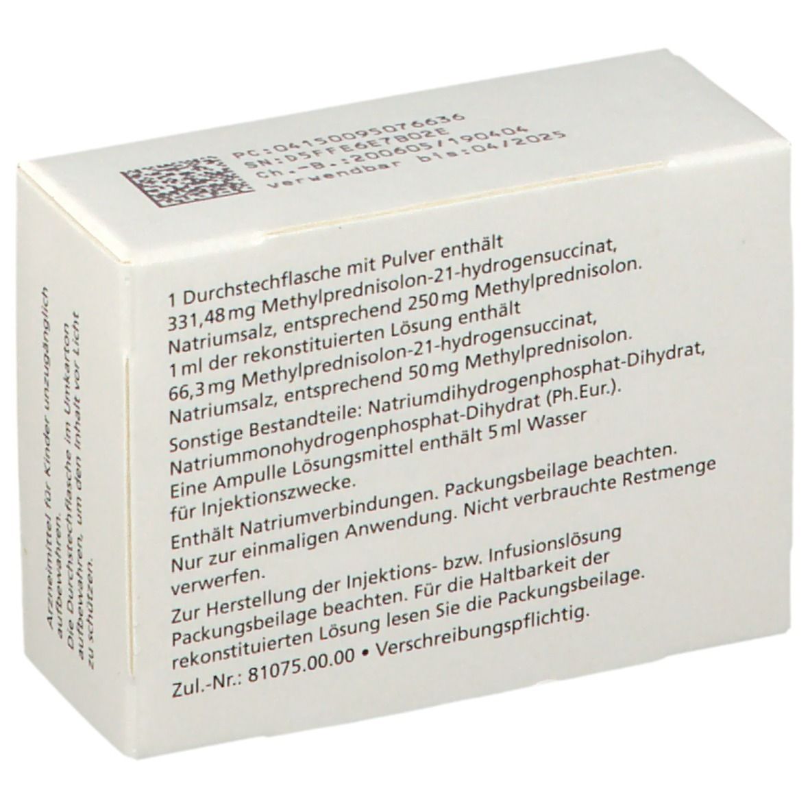 Rückseite der Schachtel. Text: "1 Durchstechflasche mit Pulver enthält..." und "Sonstige Bestandteile: Natriumdihydrogenphosphat-Dihydrat".