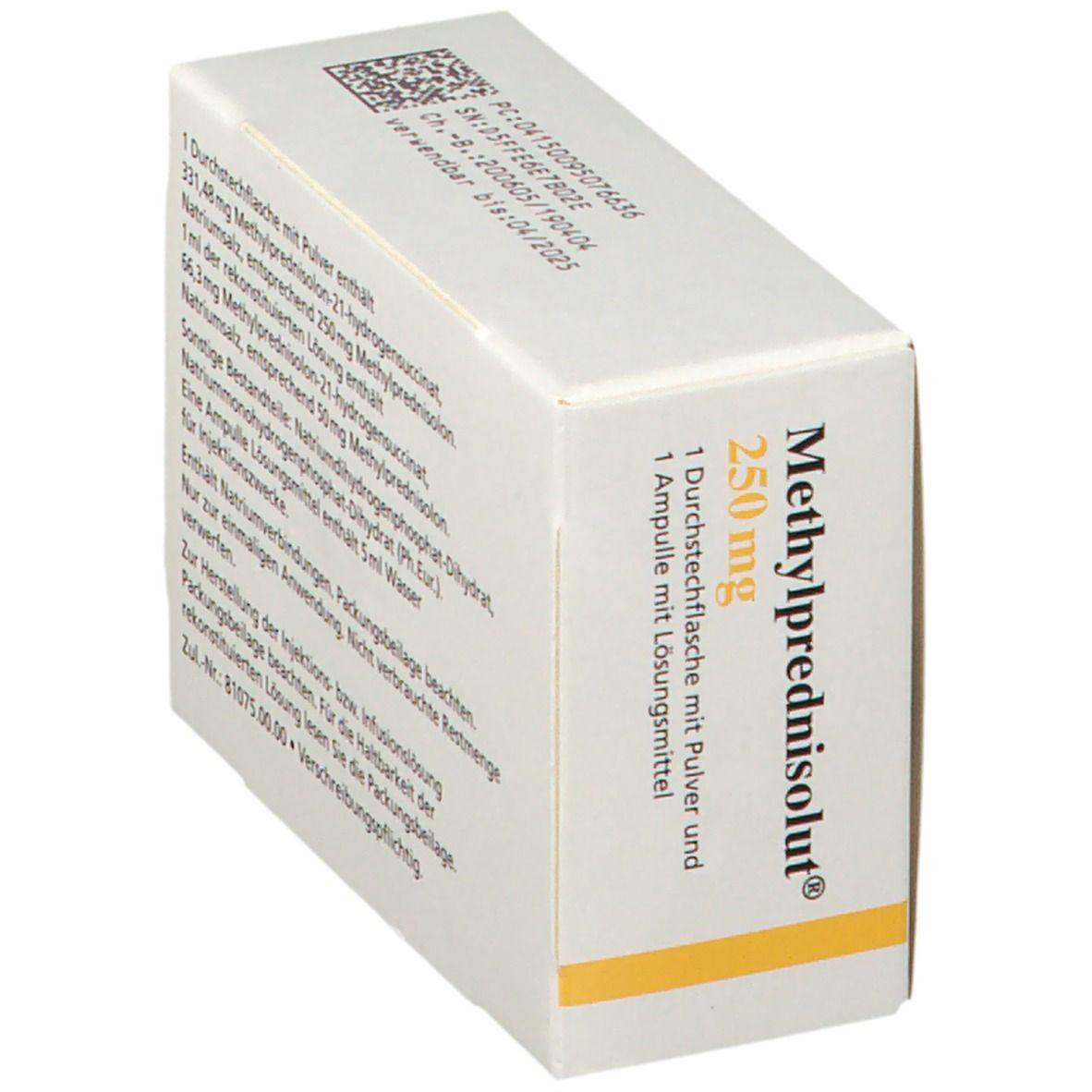 Schachtel "Methylprednisolut 250 mg". Schräge Ansicht. Text: "1 Durchstechflasche mit Pulver und 1 Ampulle mit Lösungsmittel".