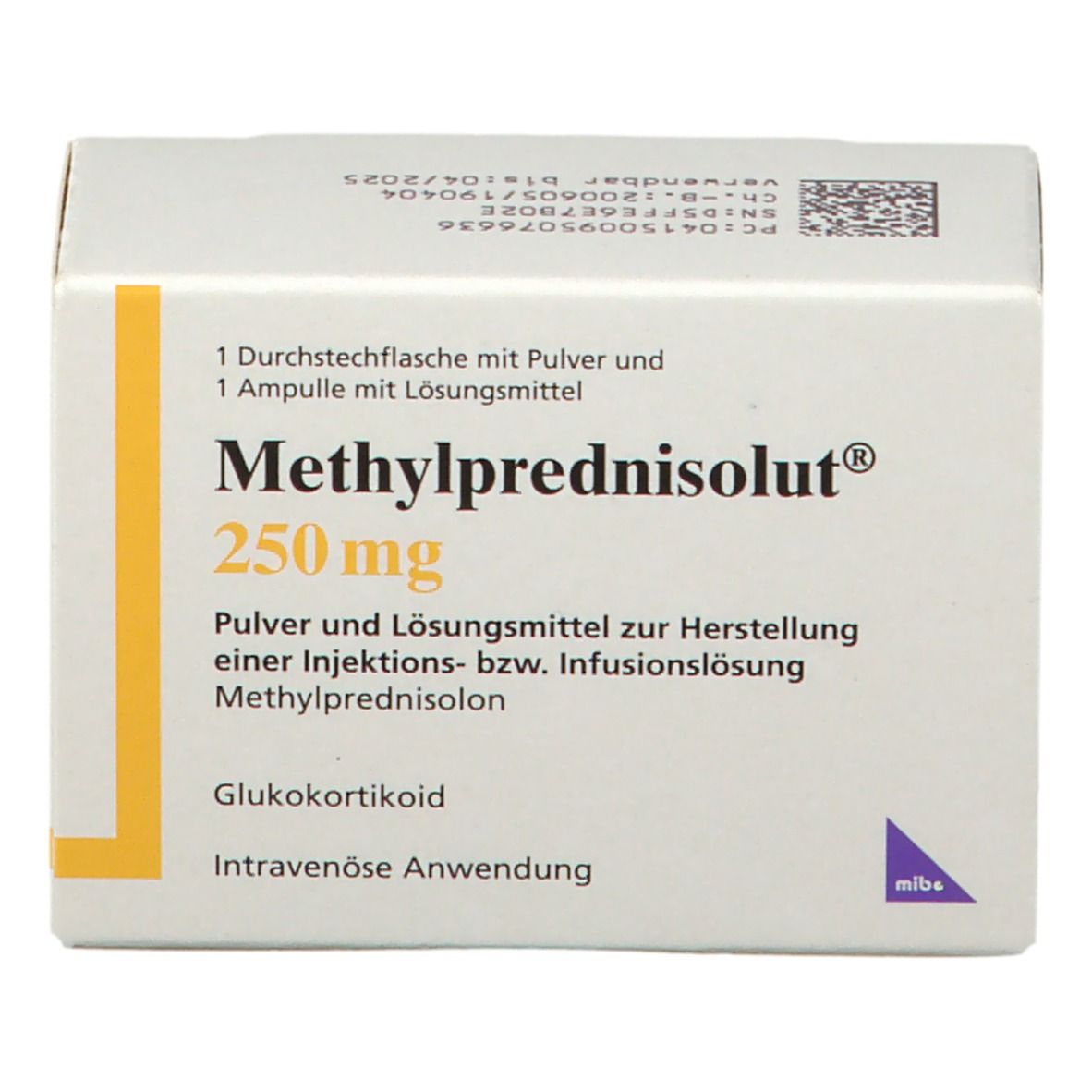 Schachtel "Methylprednisolut 250 mg". Text: "Pulver und Lösungsmittel zur Herstellung einer Injektions- bzw. Infusionslösung".
