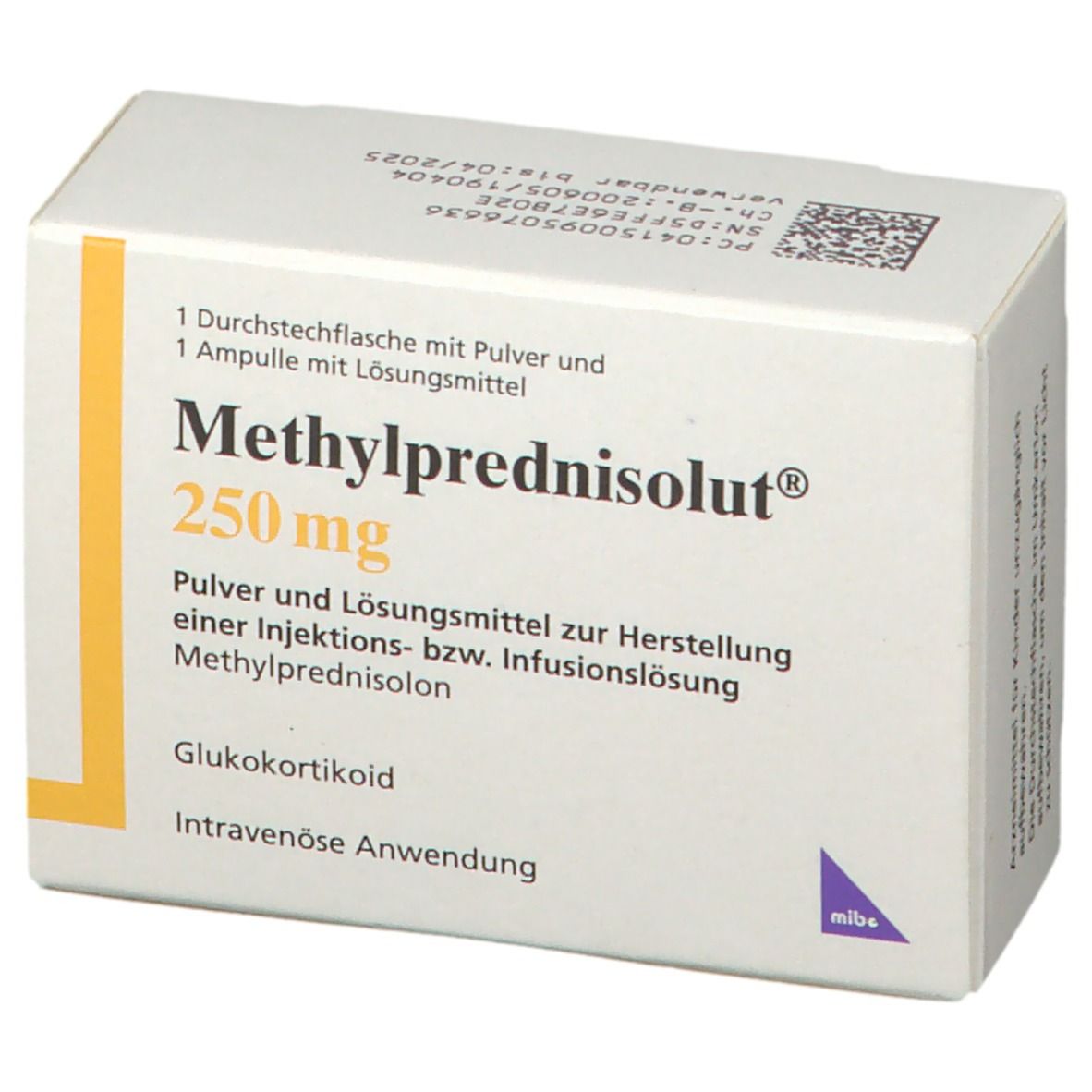 Schachtel "Methylprednisolut 250 mg". Gelber Streifen. Text: "Pulver und Lösungsmittel..." und "Intravenöse Anwendung".