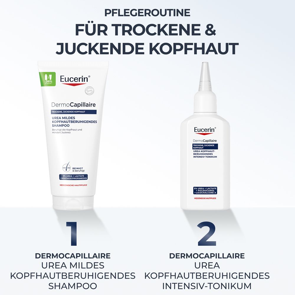 Eucerin DermoCapillaire Urea Intensiv-Tonikum und mildes Shampoo für trockene, juckende Kopfhaut.