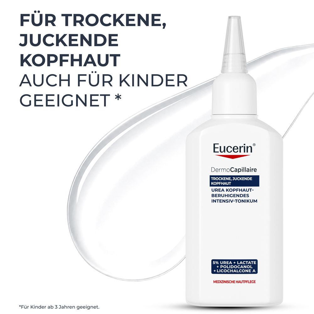 Eucerin DermoCapillaire Urea Intensiv-Tonikum Flasche, geeignet auch für Kinder.
