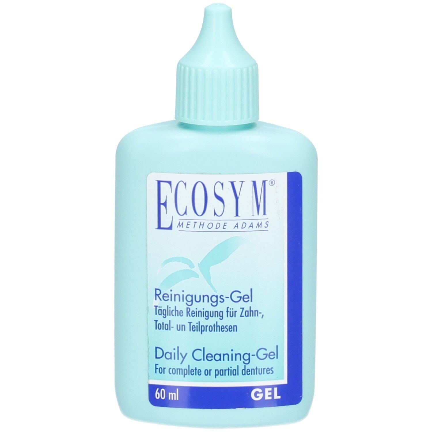 Hellblaue Flasche mit ECOSYM Reinigungs-Gel, 60 ml.