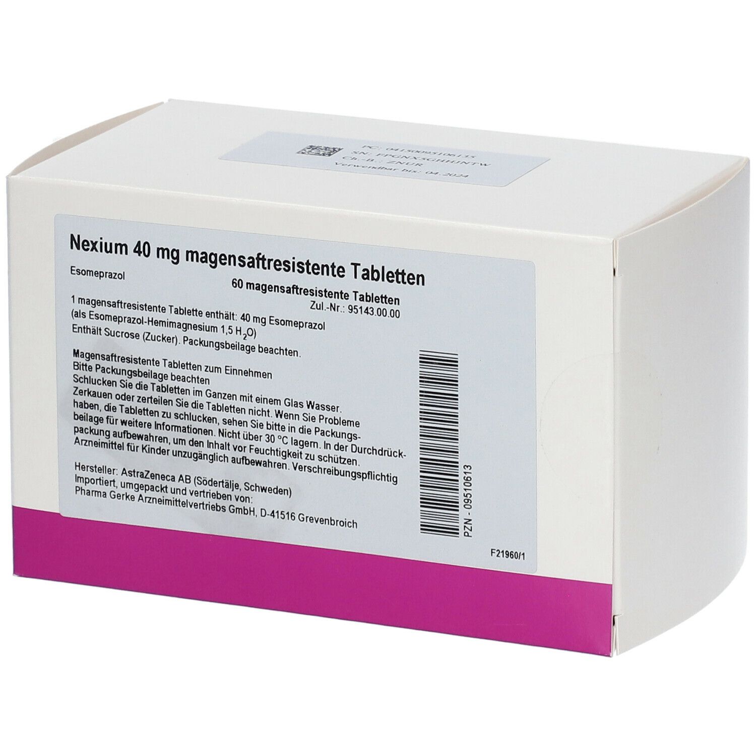 Weiße rechteckige Schachtel mit Aufschrift Nexium 40 mg magensaftresistente Tabletten. Rosa Streifen am unteren Rand. Text in deutscher Sprache.