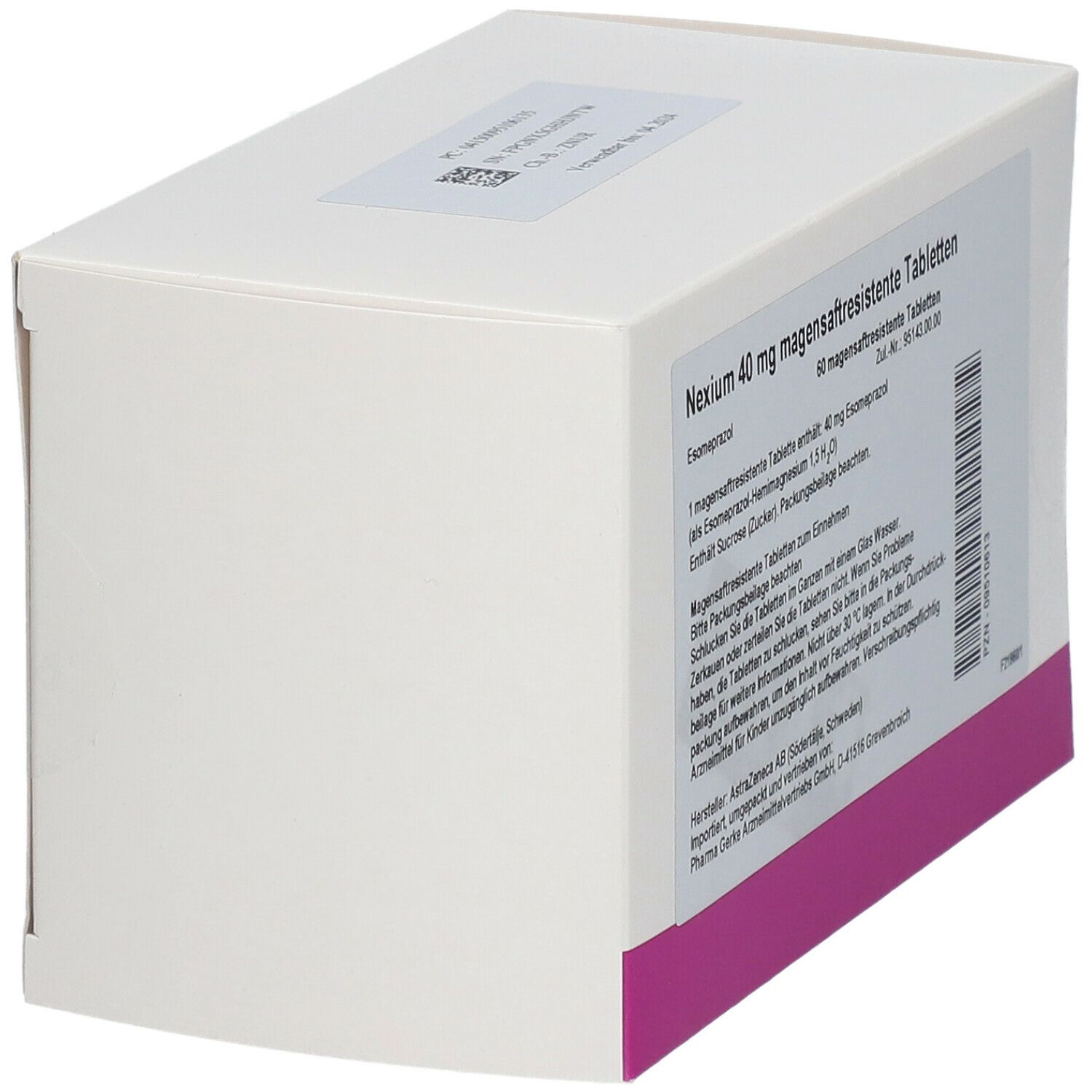 Weiße rechteckige Schachtel mit Aufschrift Nexium 40 mg magensaftresistente Tabletten. Rosa Streifen am unteren Rand. Ansicht von der Seite.