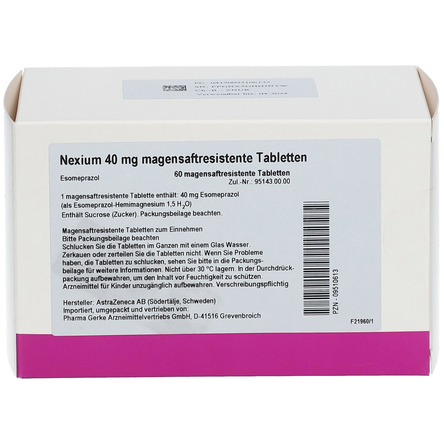Weiße rechteckige Schachtel mit Aufschrift Nexium 40 mg magensaftresistente Tabletten. Rosa Streifen am unteren Rand. Text in deutscher Sprache.