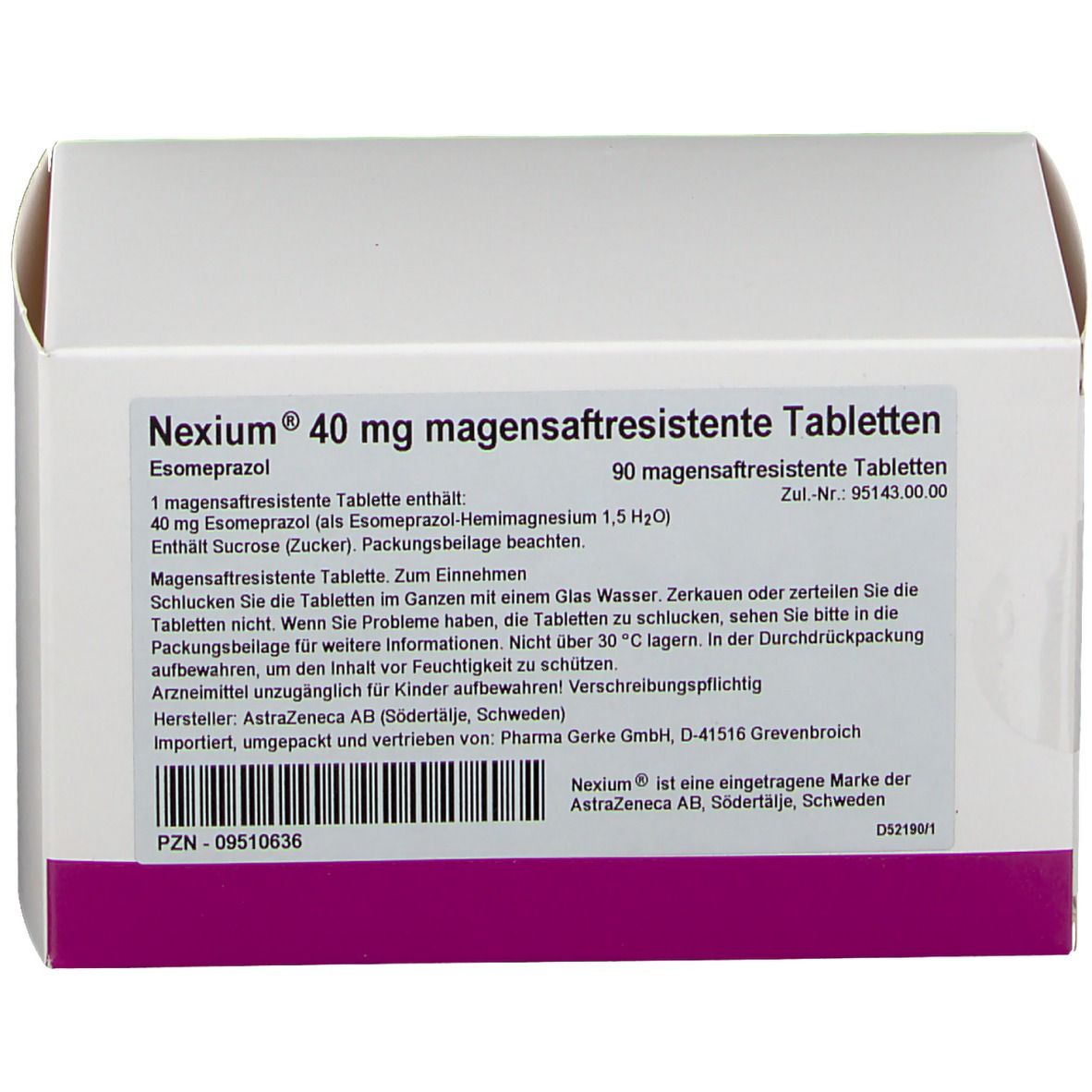 Weiße Tablettenbox mit lila Akzent. Aufschrift: Nexium 40 mg magensaftresistente Tabletten. Enthält 90 Tabletten. PZN-09510636.