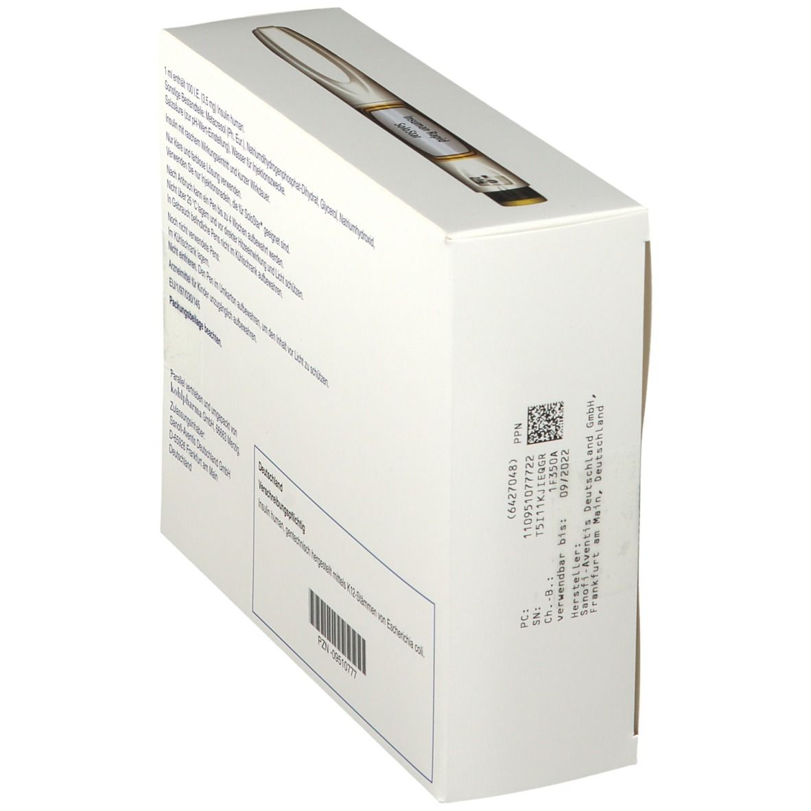 Schrägansicht der Produktverpackung. Text: Herstellerinformationen, Chargennummer, Verfallsdatum, PZN-Code.