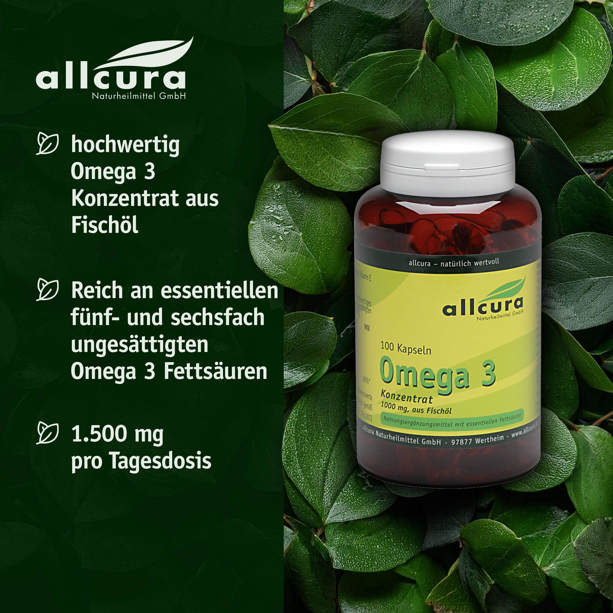 Braune Flasche mit Omega 3 Konzentrat Kapseln, umgeben von grünen Blättern. Aufschrift: allcura.