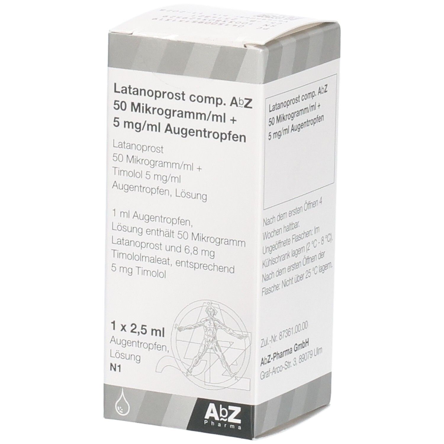 Packung LATANOPROST comp. AbZ Augentropfen, 50 µg/ml + 5 mg/ml. Enthält 1x 2,5 ml Lösung.