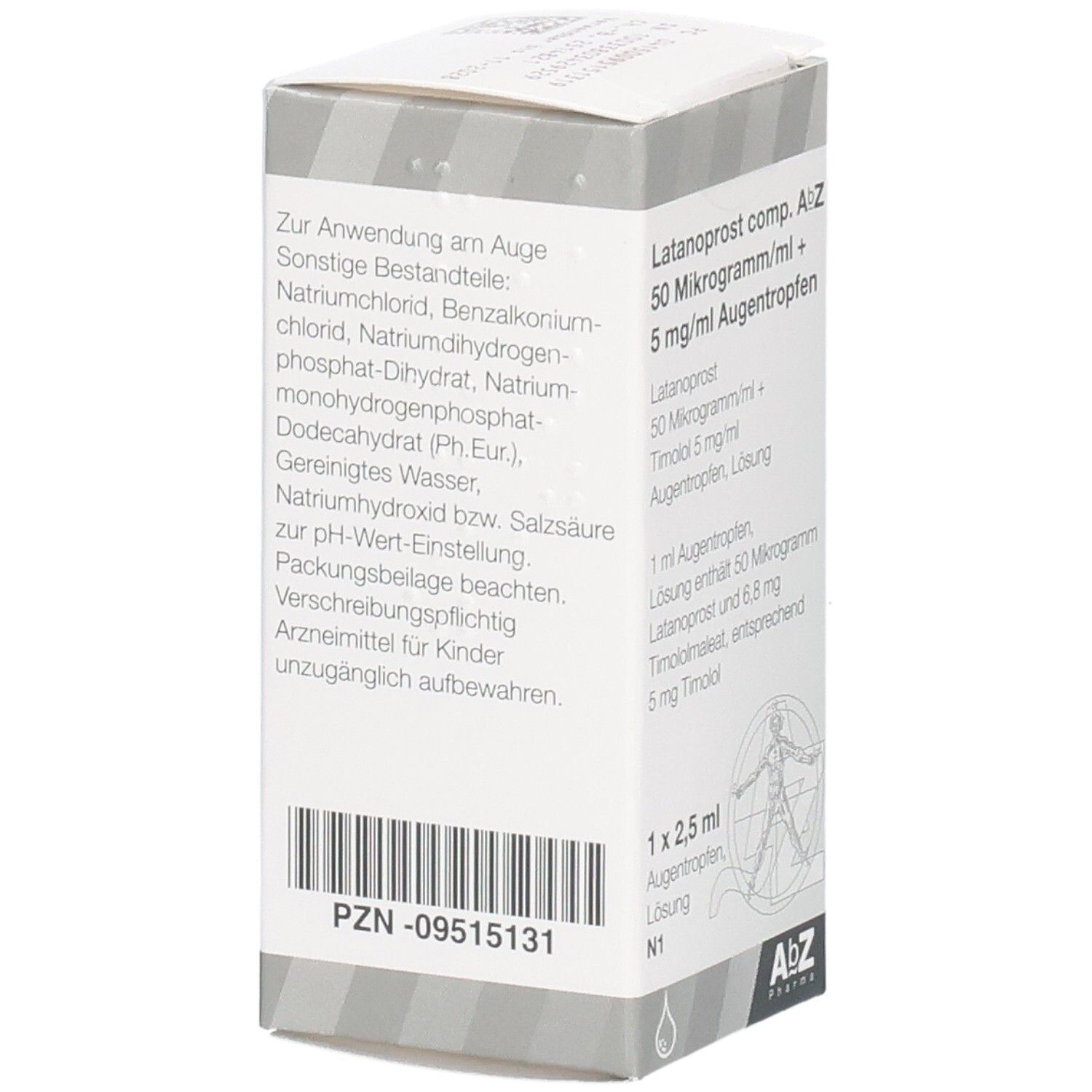 Rückseite der Packung LATANOPROST comp. AbZ Augentropfen. Enthält Inhaltsstoffe und Anwendungshinweise.