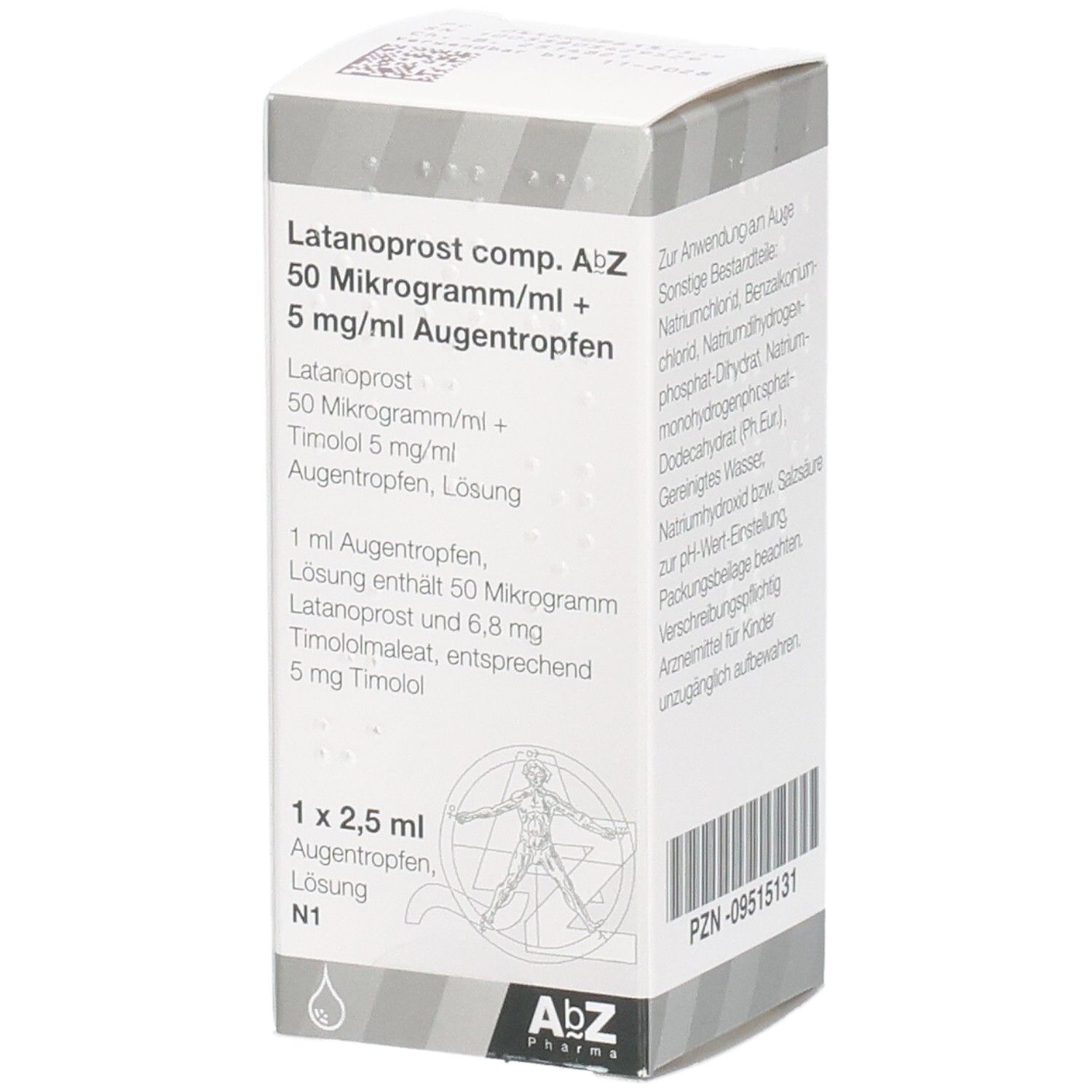 Seitenansicht der Packung LATANOPROST comp. AbZ Augentropfen. Zeigt Dosierung und Inhalt.