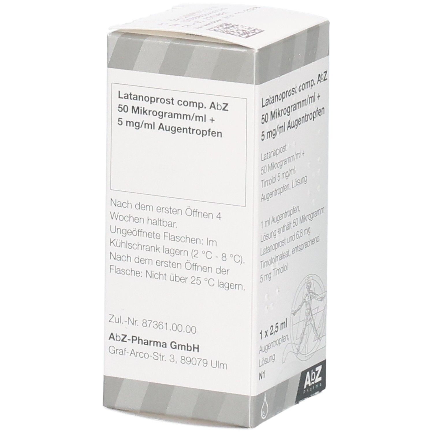 Packung LATANOPROST comp. AbZ Augentropfen mit Haltbarkeitsinformationen nach dem Öffnen.