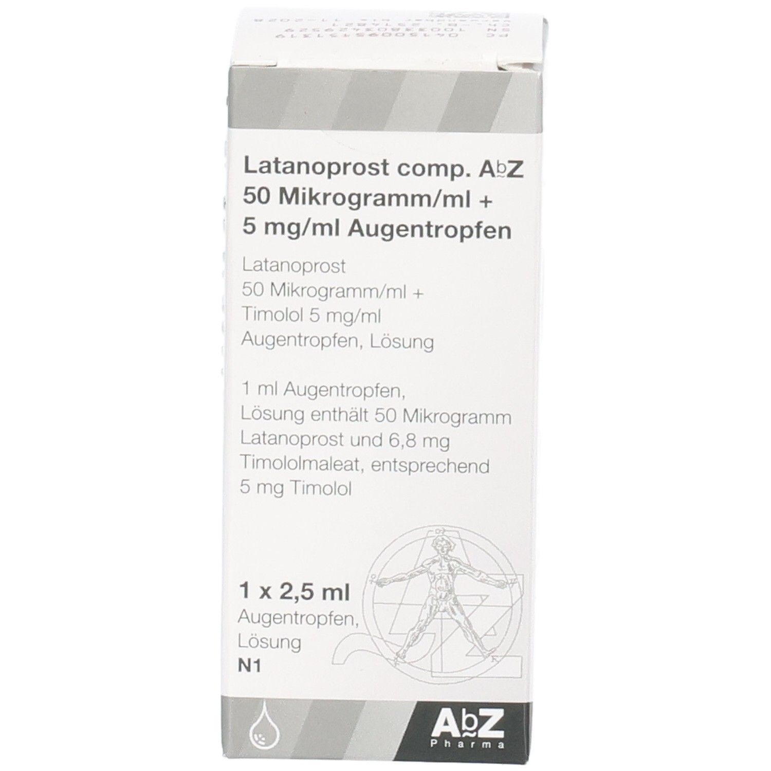 Detailansicht der Packung LATANOPROST comp. AbZ Augentropfen. Zeigt Zulassungsnummer und Hersteller.