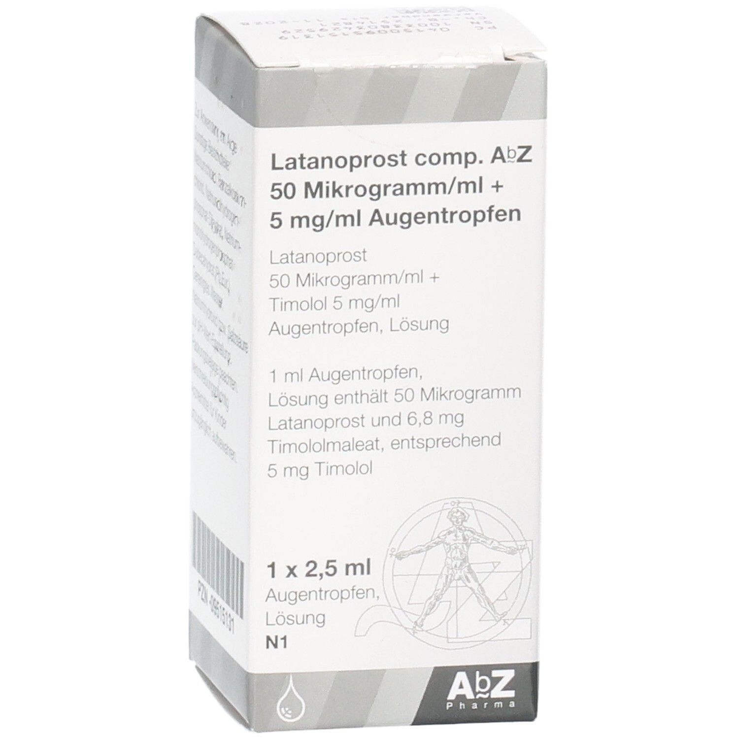 Vorderseite der Packung LATANOPROST comp. AbZ Augentropfen. Enthält Produktname und Konzentration.