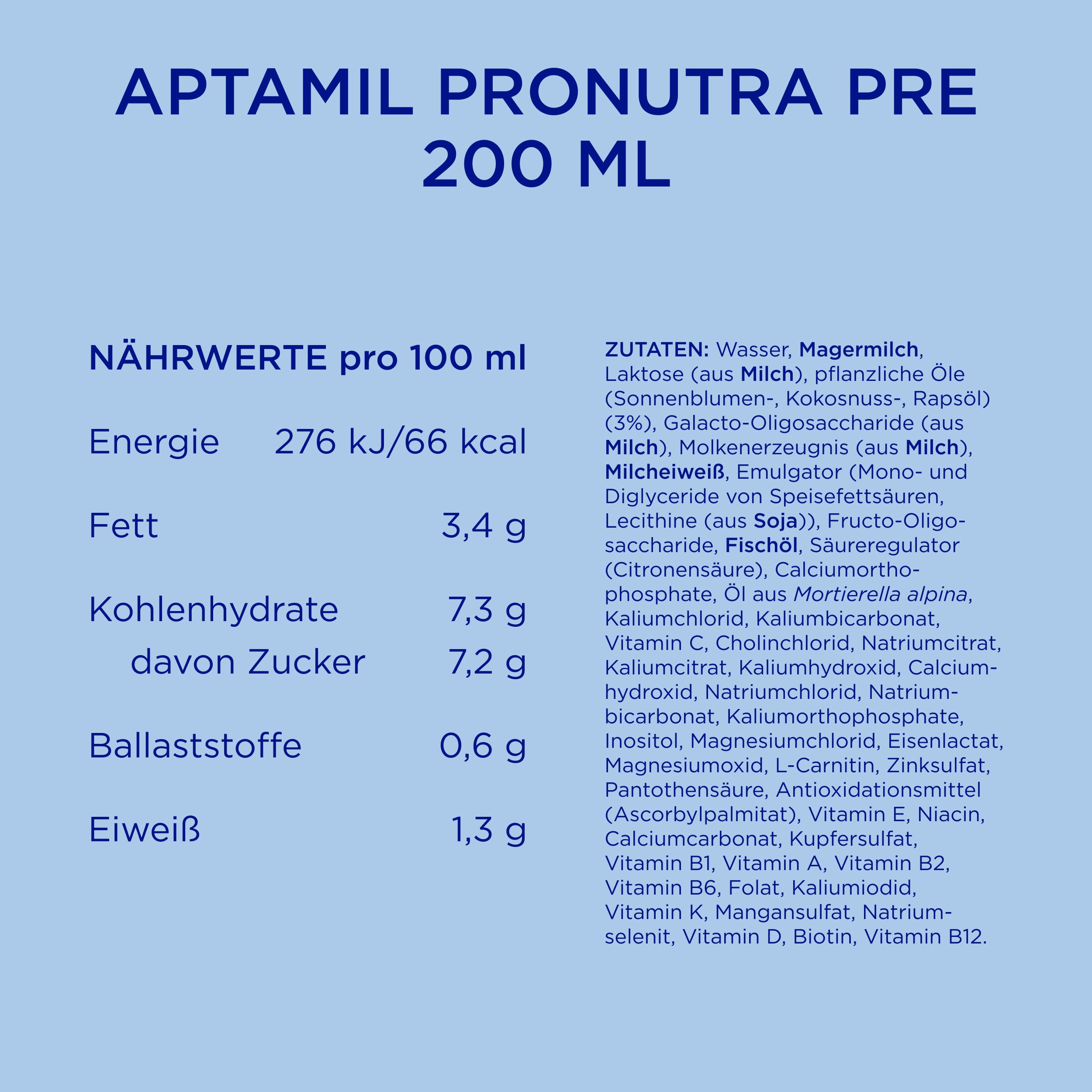 Nährwertangaben von Aptamil Pronutra PRE pro 100 ml. Energie, Fett, Kohlenhydrate, Ballaststoffe, Eiweiß. Zutatenliste.