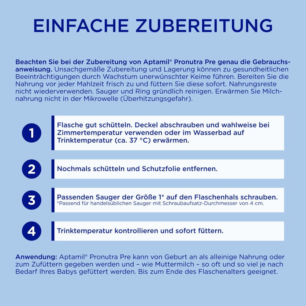 Einfache Zubereitung von Aptamil Pronutra PRE. 4 Schritte zur Zubereitung. Blaue Hintergrundfarbe.