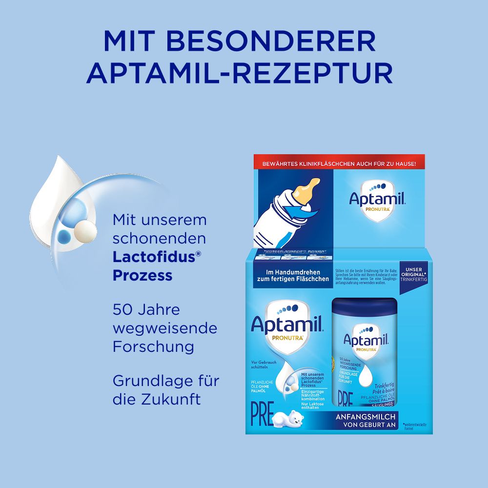 Aptamil Pronutra PRE. Blaue Verpackung mit Dose und Baby-Motiv. 50 Jahre Forschung. Lactofidus® Prozess.