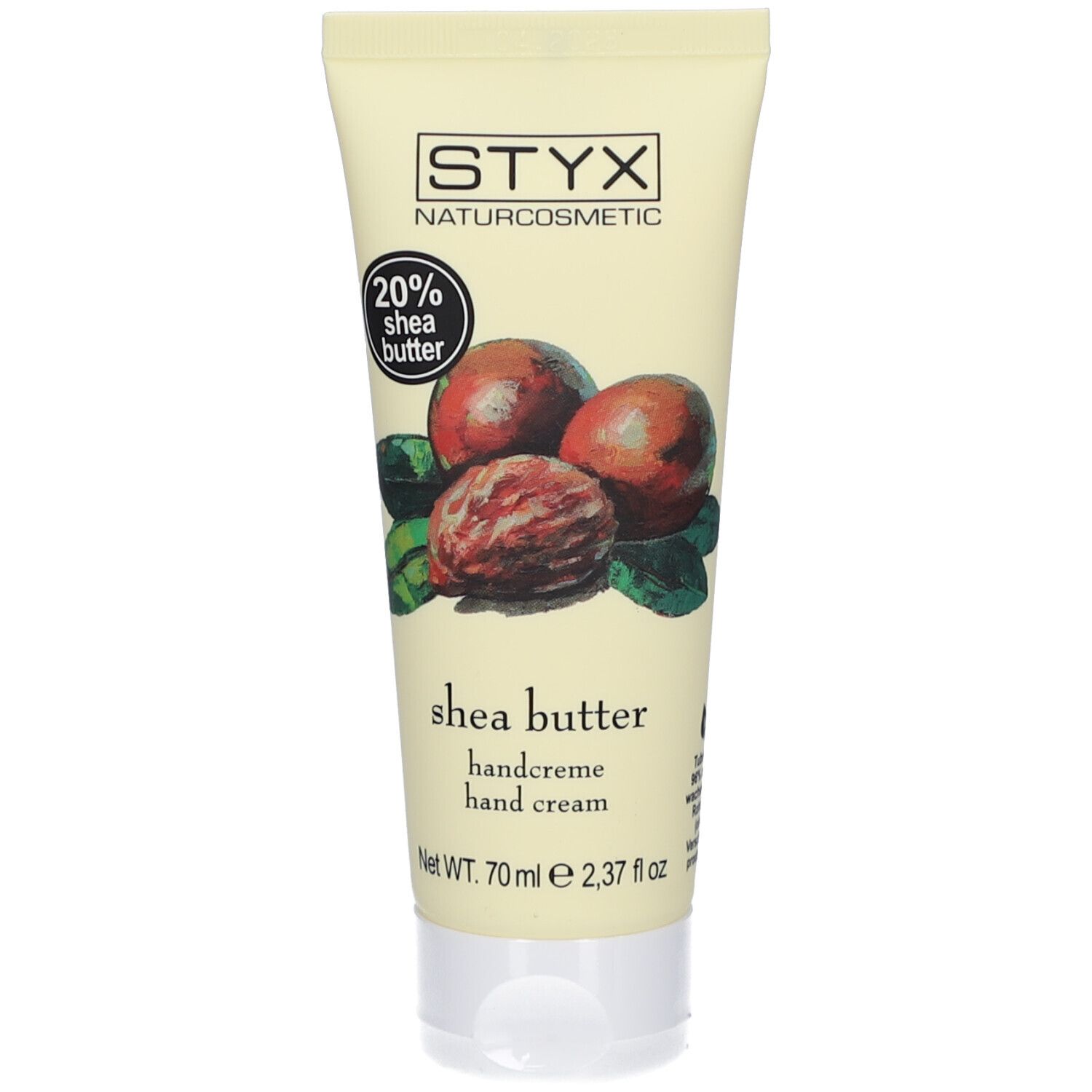 Creme-Tube mit STYX-Logo und Shea Butter-Abbildung. Text: 20% Shea Butter, Handcreme. Inhalt: 70 ml.