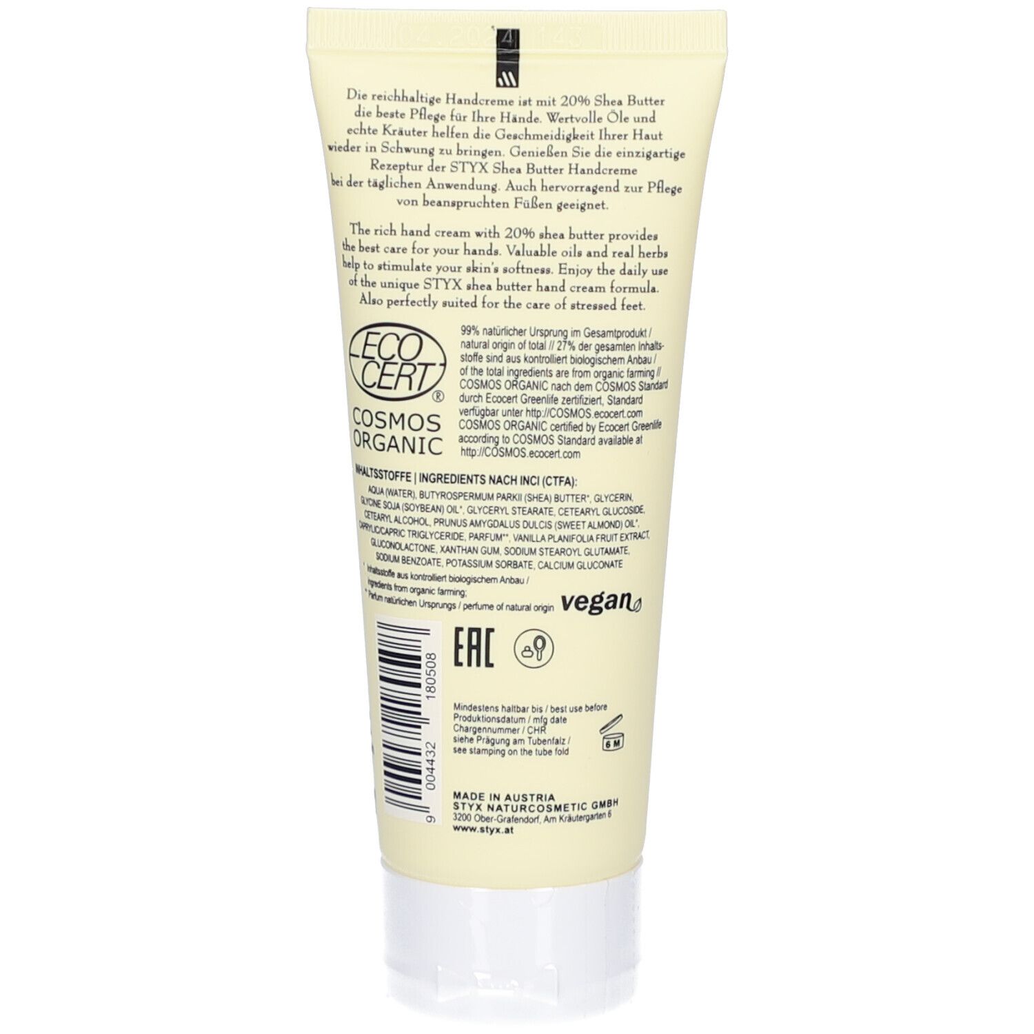 Rückseite der STYX Handcreme-Tube. Text: Inhaltsstoffe, ECO CERT COSMOS ORGANIC, vegan. Hergestellt in Österreich.