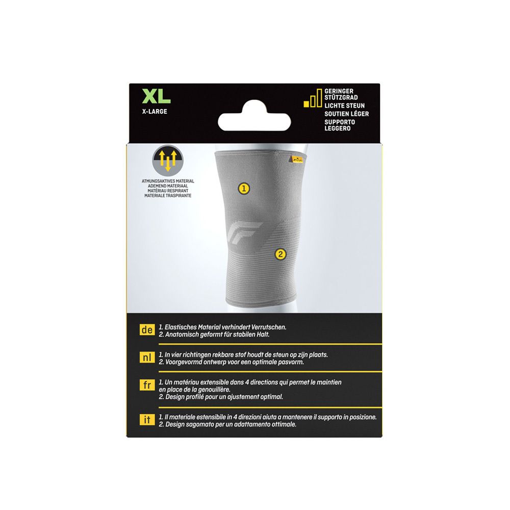 Rückseite der FUTURO Comfort Knie-Bandage XL Verpackung. Produktmerkmale in Deutsch, Niederländisch, Französisch und Italienisch.