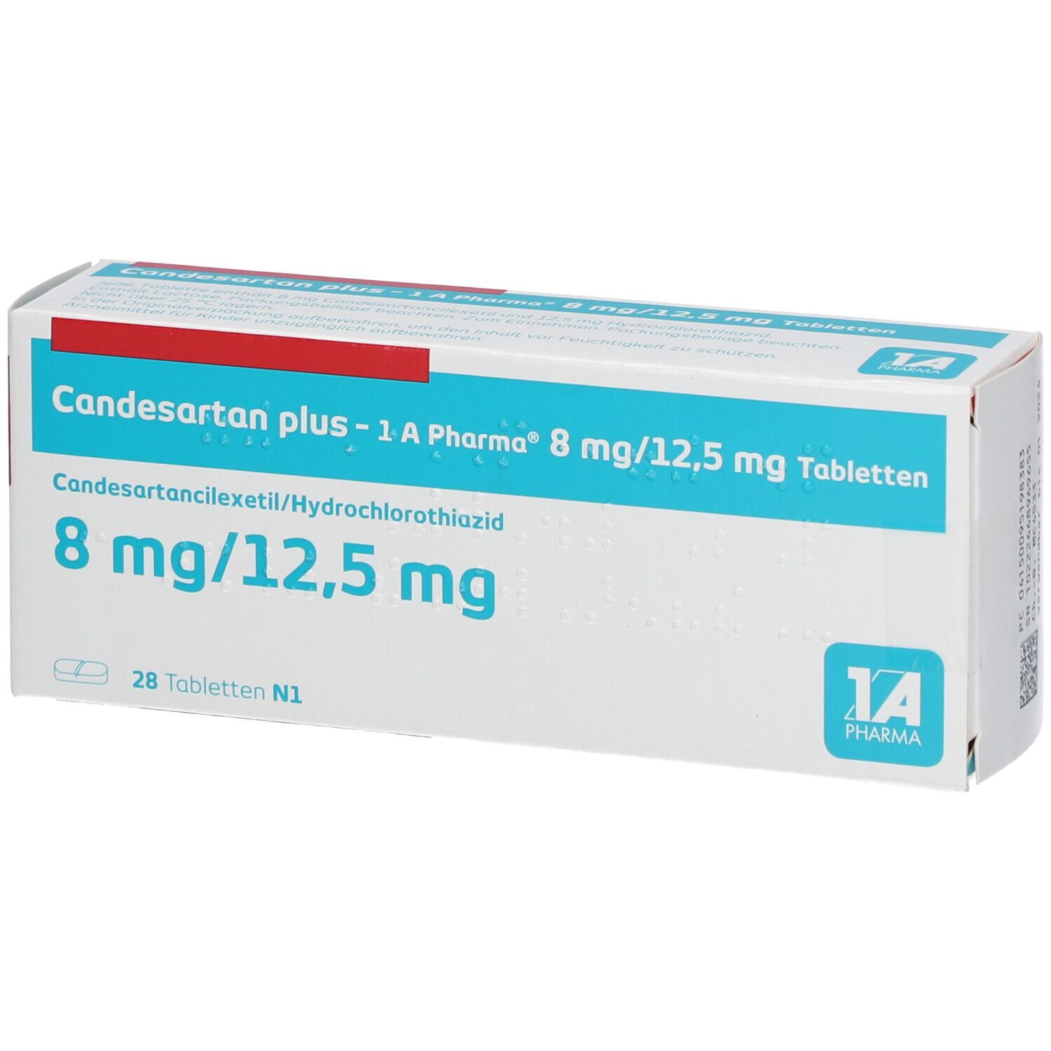 Verpackung von Candesartan plus 1A Pharma 8 mg/12,5 mg Tabletten, 28 Stück.