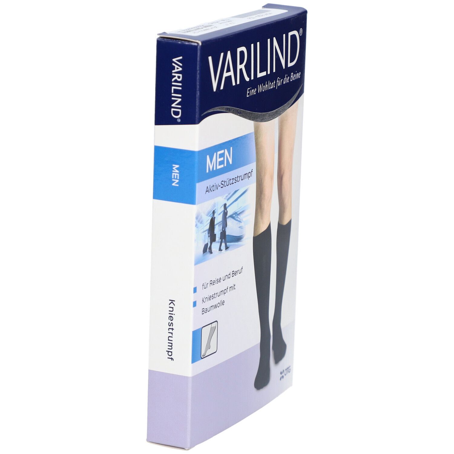 Verpackung, Kniestrümpfe. Schwarze Strümpfe, Produktname VARILIND, Aufschrift MEN, Aktiv-Stützstrumpf.