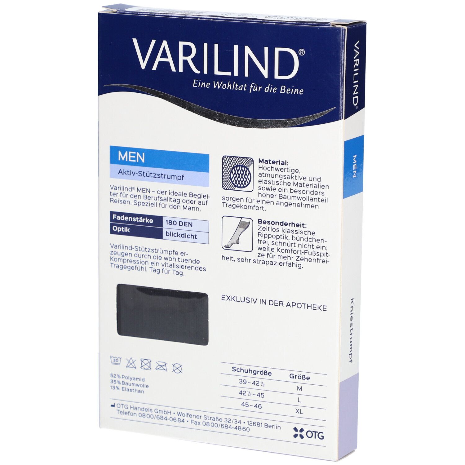 Rückseite der Verpackung. Produktname VARILIND, Aufschrift MEN, Aktiv-Stützstrumpf, Größenangaben, Materialangaben.
