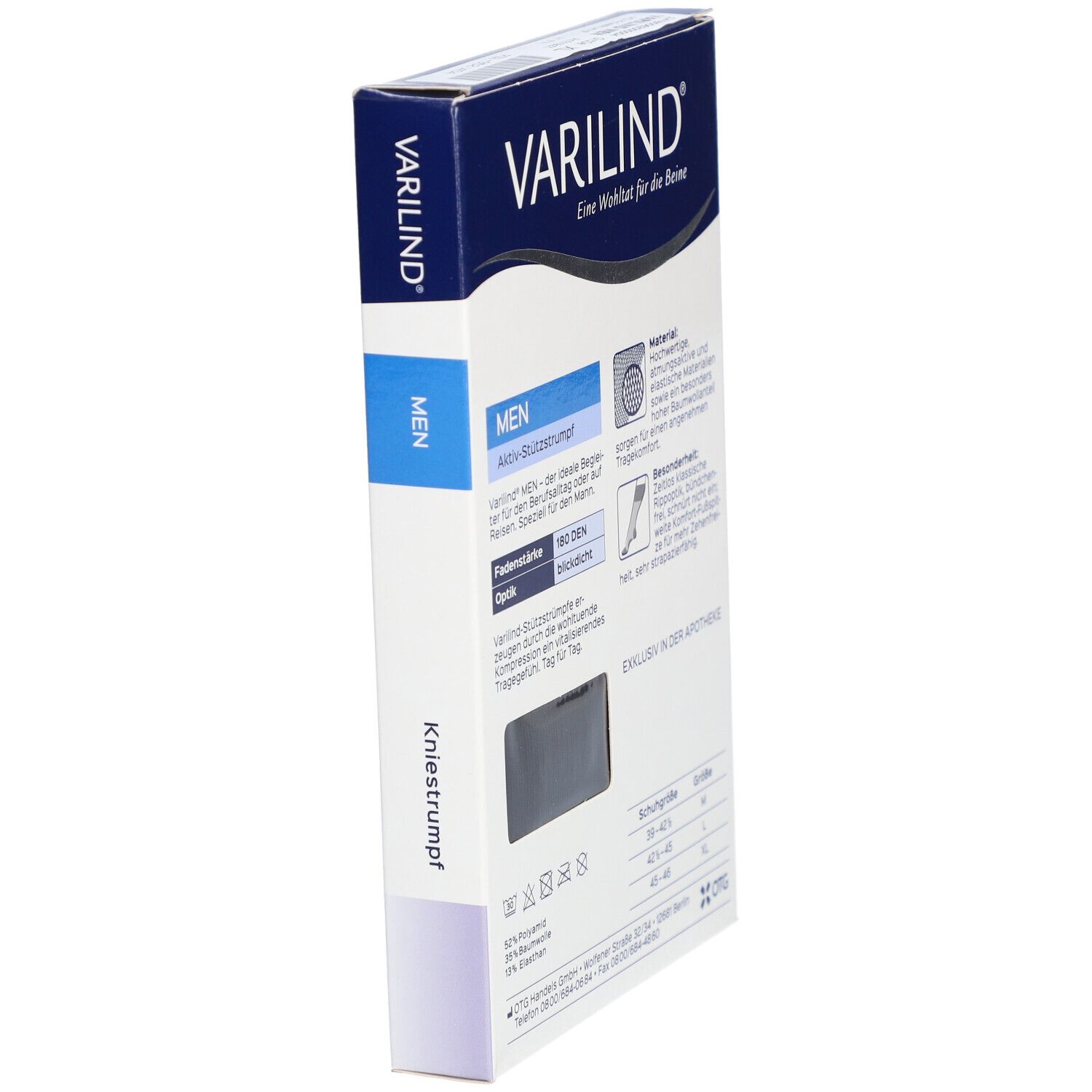 Verpackung, Kniestrümpfe. Produktname VARILIND, Aufschrift MEN, Aktiv-Stützstrumpf, Größenangaben.