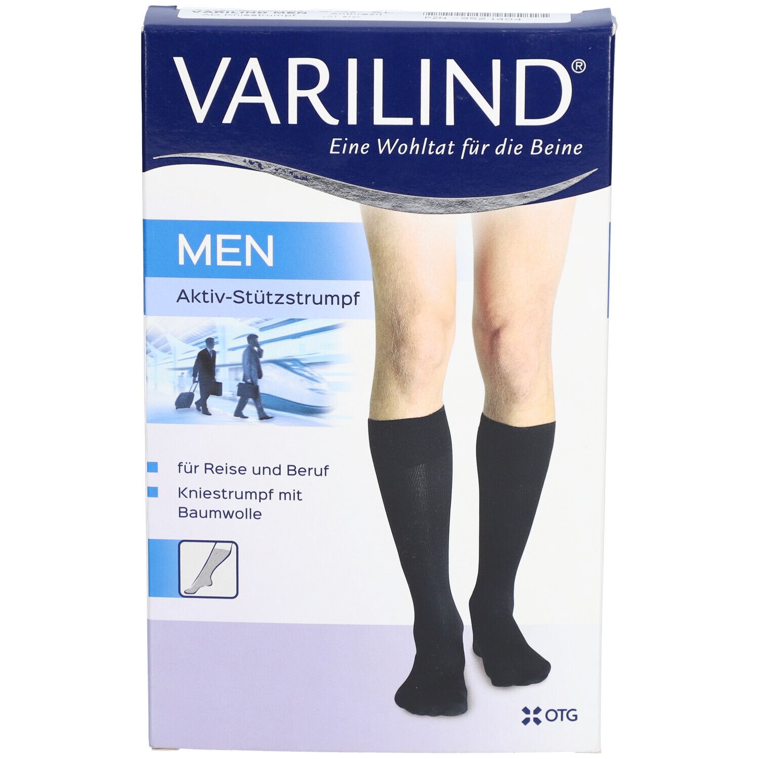 Verpackung mit Kniestrümpfen. Schwarze Strümpfe, Produktname VARILIND, Aufschrift MEN, Aktiv-Stützstrumpf.